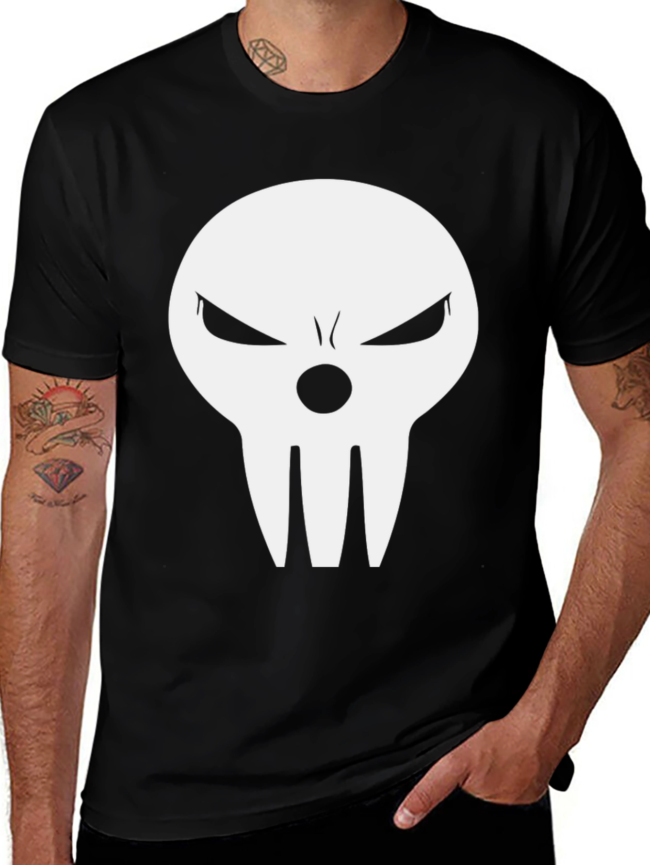 Variant 27 of Men's Black T-Shirt with White Skull Graphic