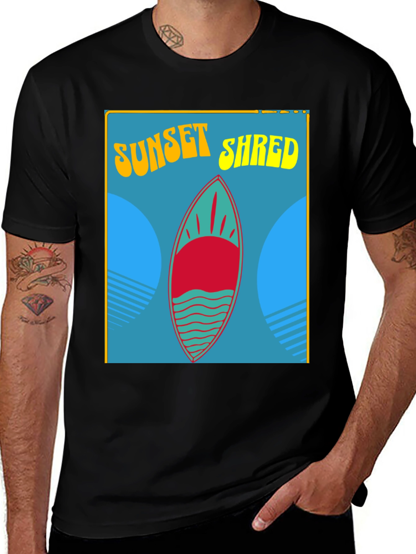 Variant 2 of Sunset Shred Surfboard T-Shirt - Black