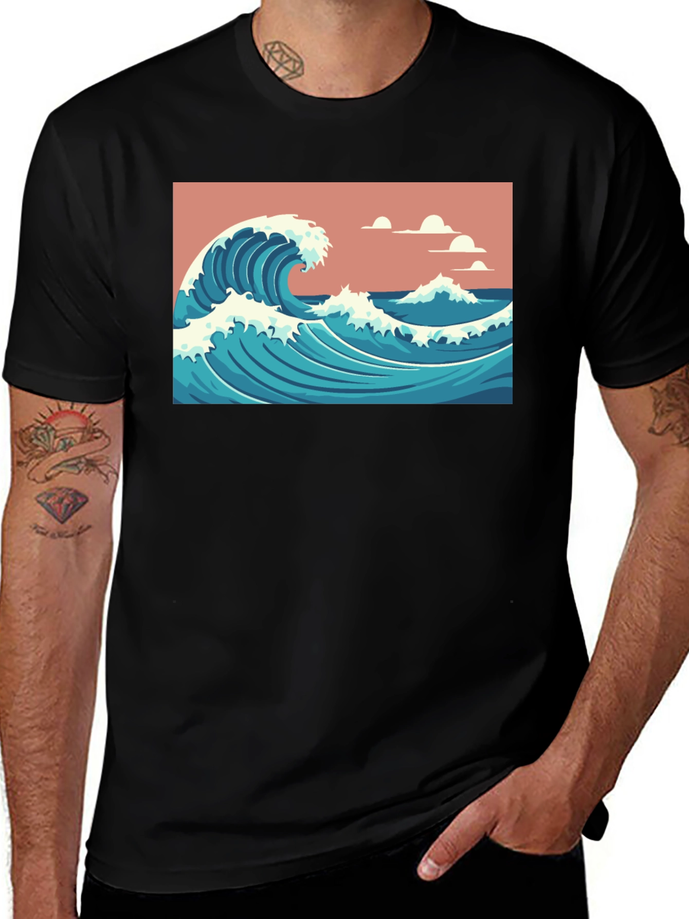 Variant 27 of Ocean Wave Graphic Tee - Classic Black Cotton T-Shirt
