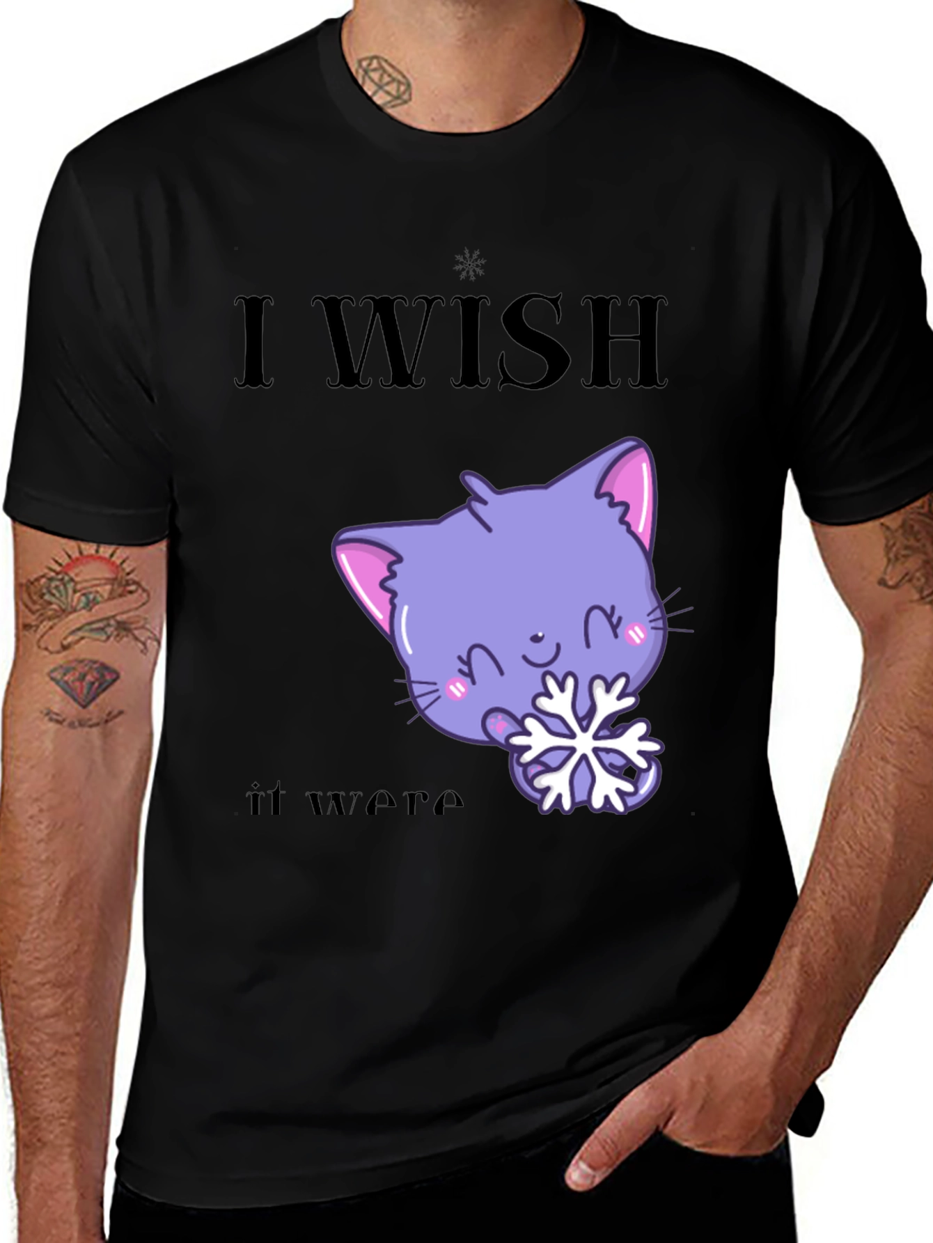 Black Cute Kawaii Cat Snowflake Graphic T-Shirt main image