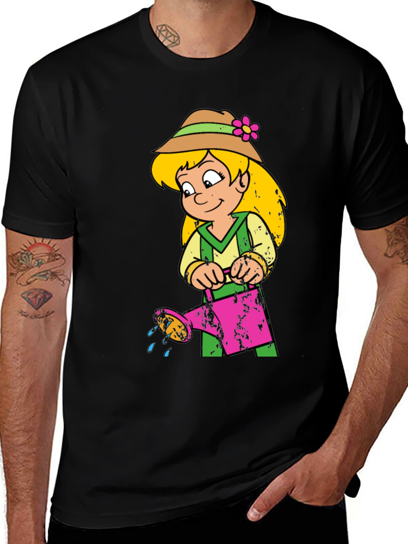 Variant 28 of Cartoon Girl with Watering Can Black T-Shirt