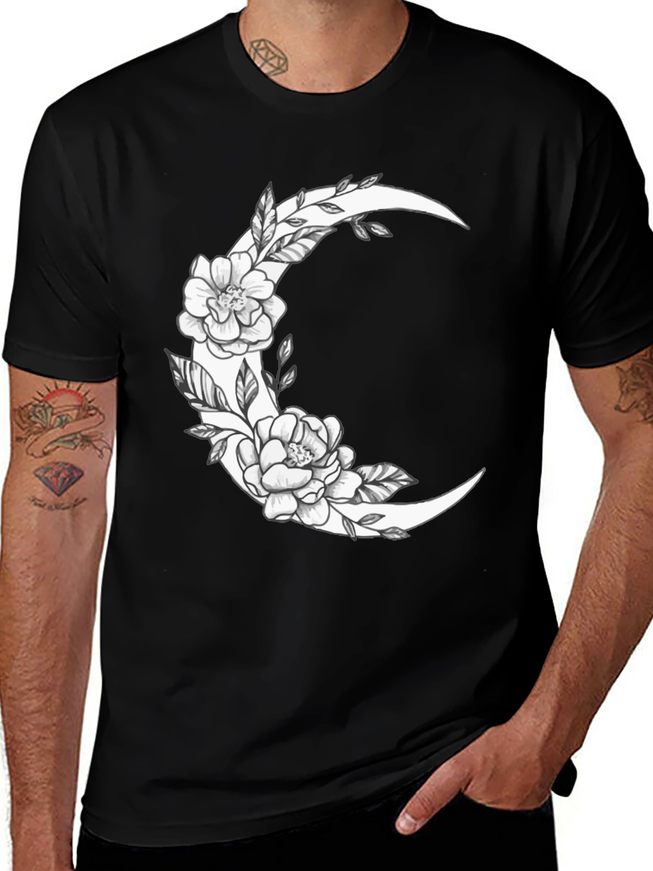 Variant 14 of Floral Crescent Moon Graphic Tee - Black