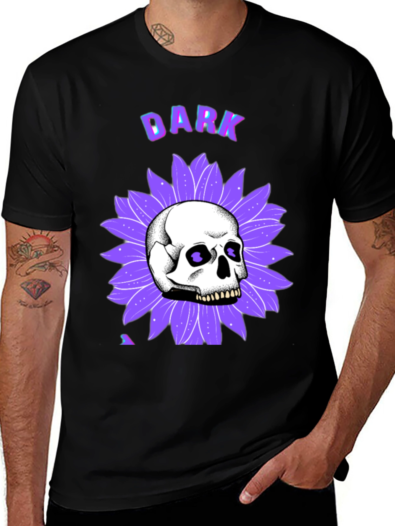 Variant 25 of Dark Skull & Flower Graphic Tee - Black