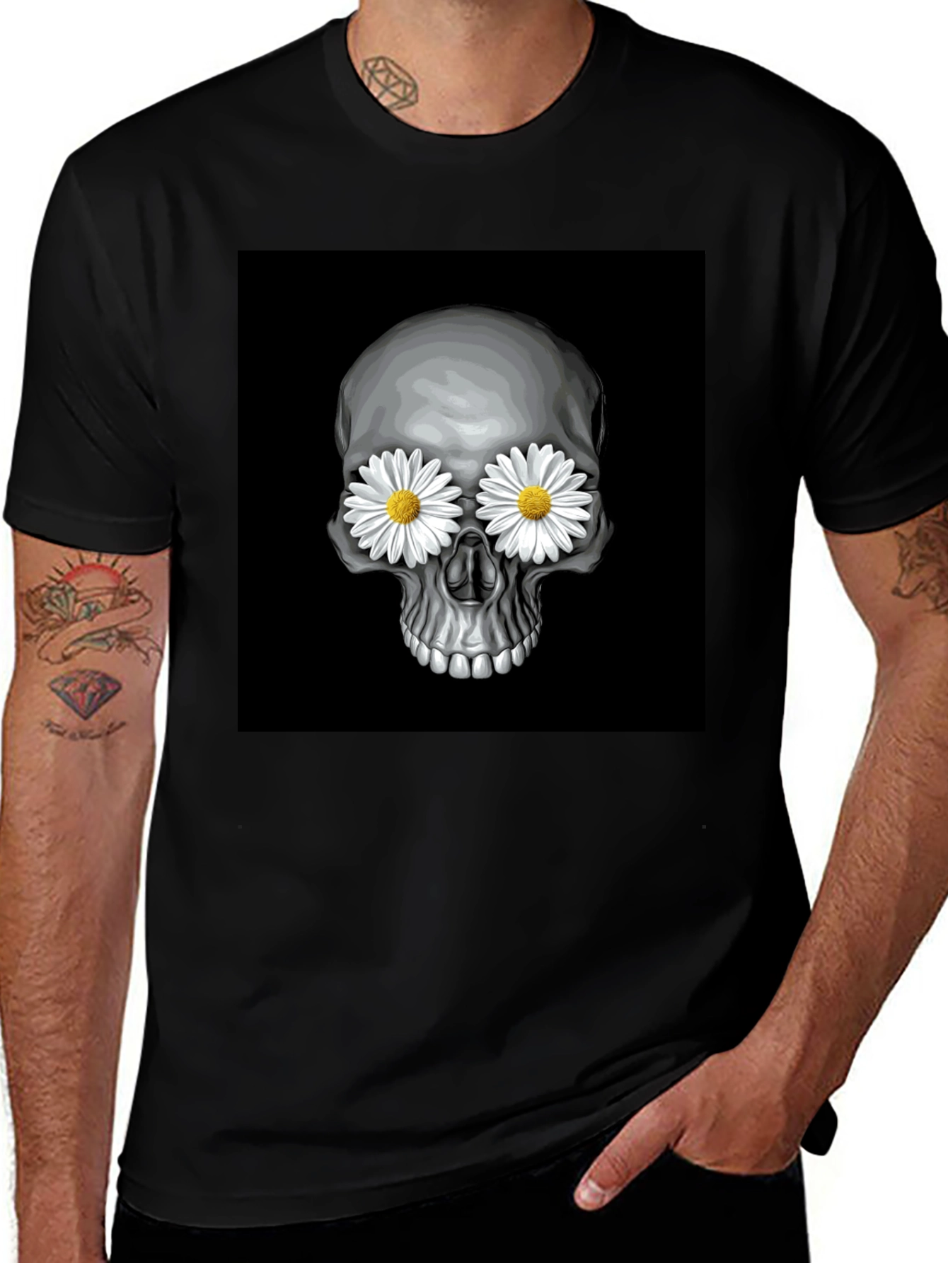 Variant 19 of Skull with Daisy Eyes Graphic T-Shirt - Cool & Edgy Design