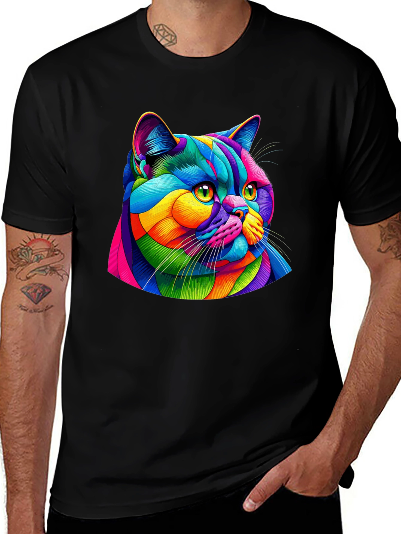 Variant 27 of Vibrant Cat Graphic Tee - Men's Black T-Shirt