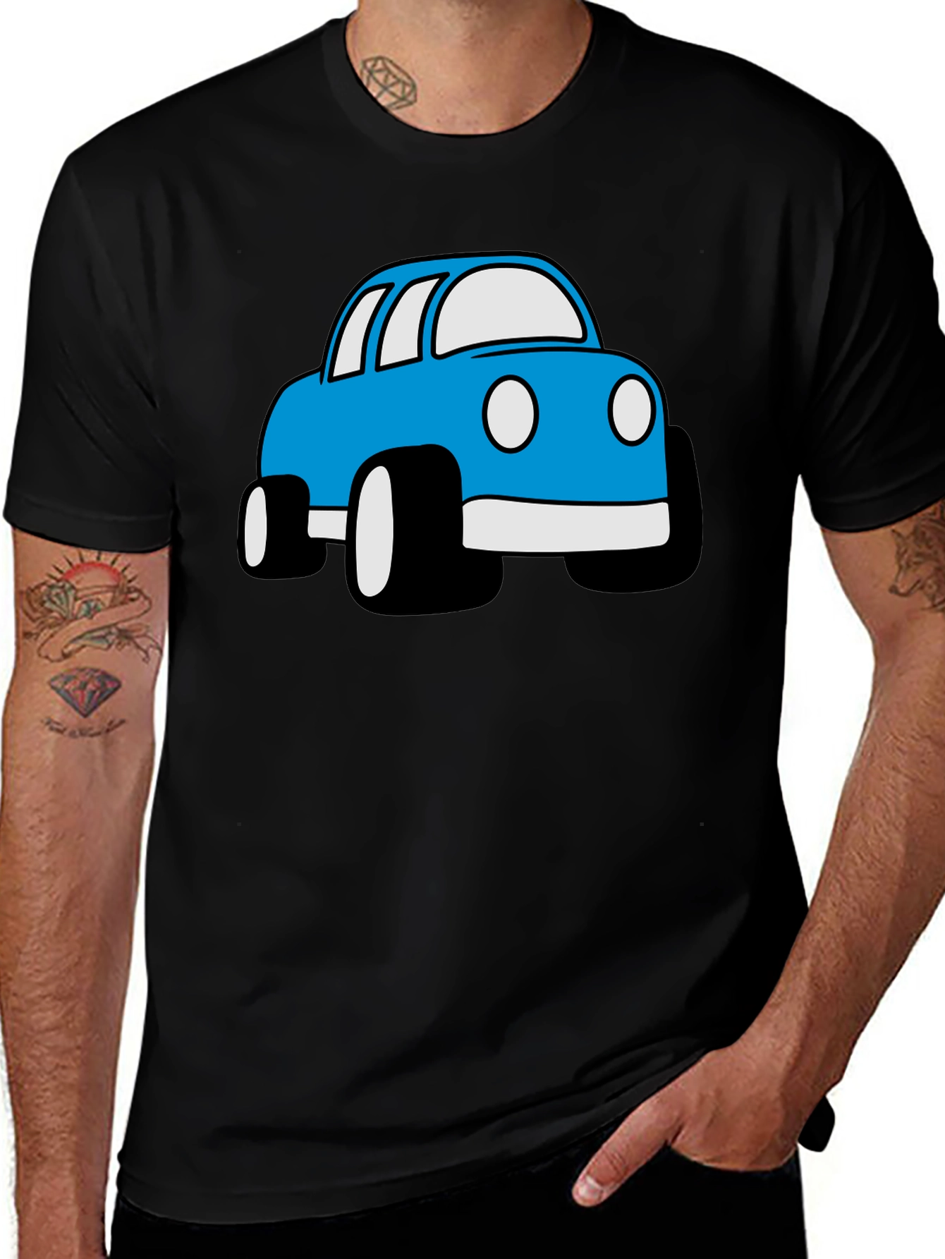 Blue Cartoon Car Graphic Black T-Shirt