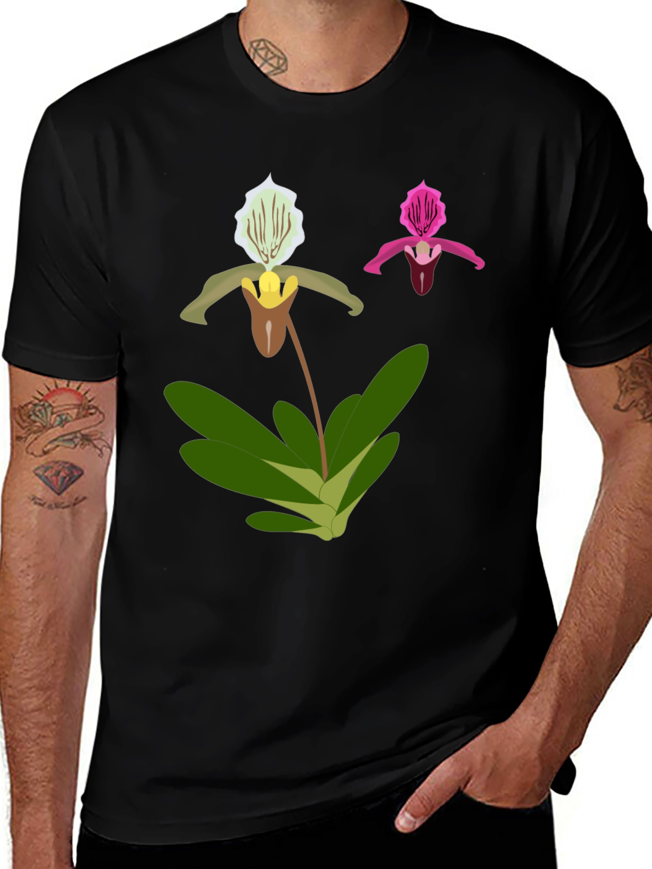 Variant 11 of Floral Graphic Tee - Orchid Design Black T-Shirt