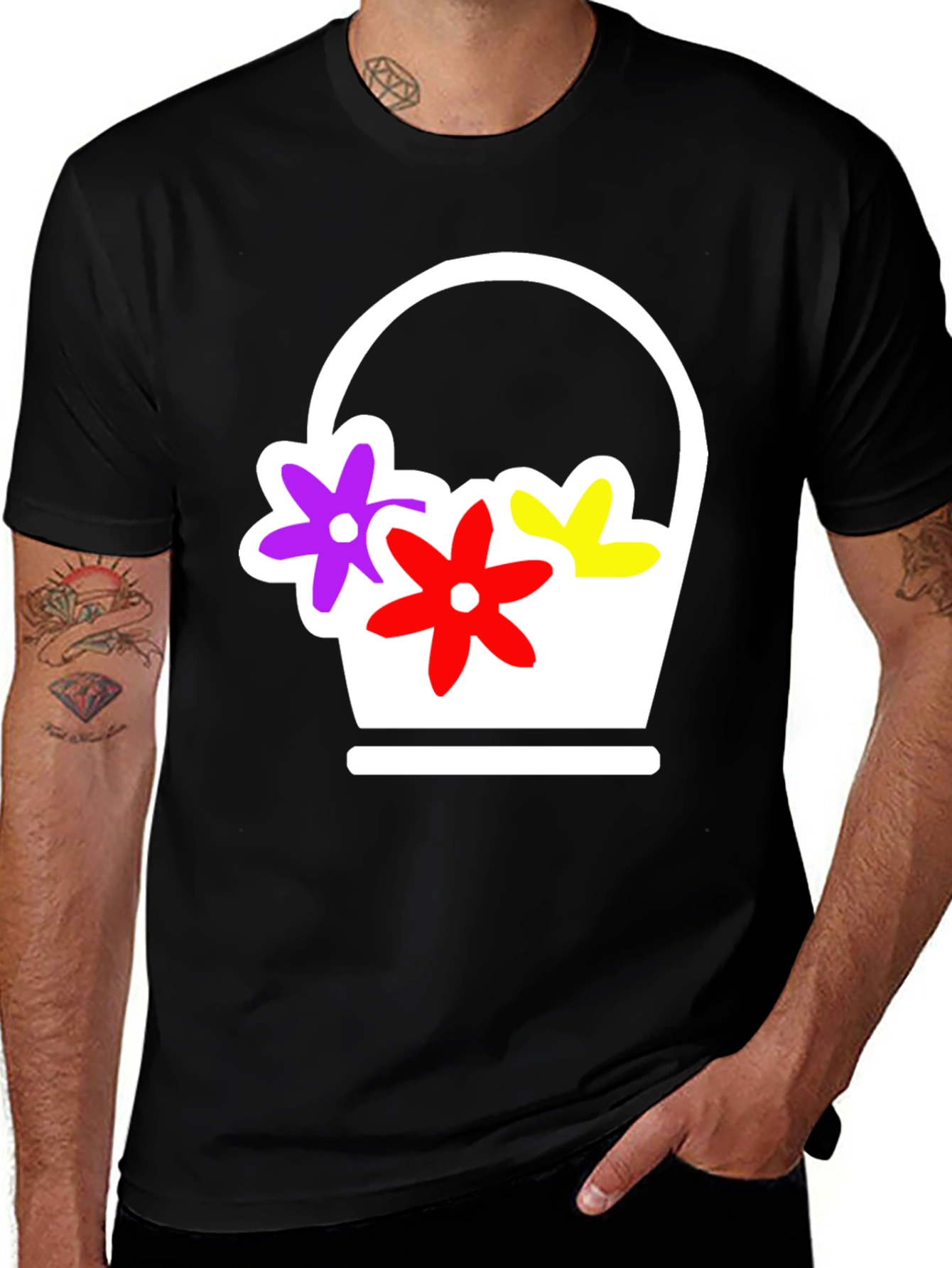 Variant 9 of Floral Basket Graphic Tee - Black Casual T-Shirt