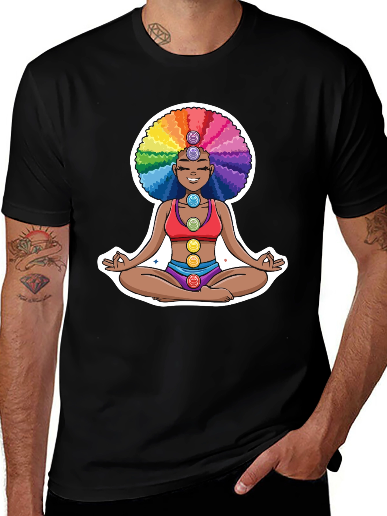 Variant 30 of Chakra Afro T-Shirt: Meditating Rainbow Yoga Tee