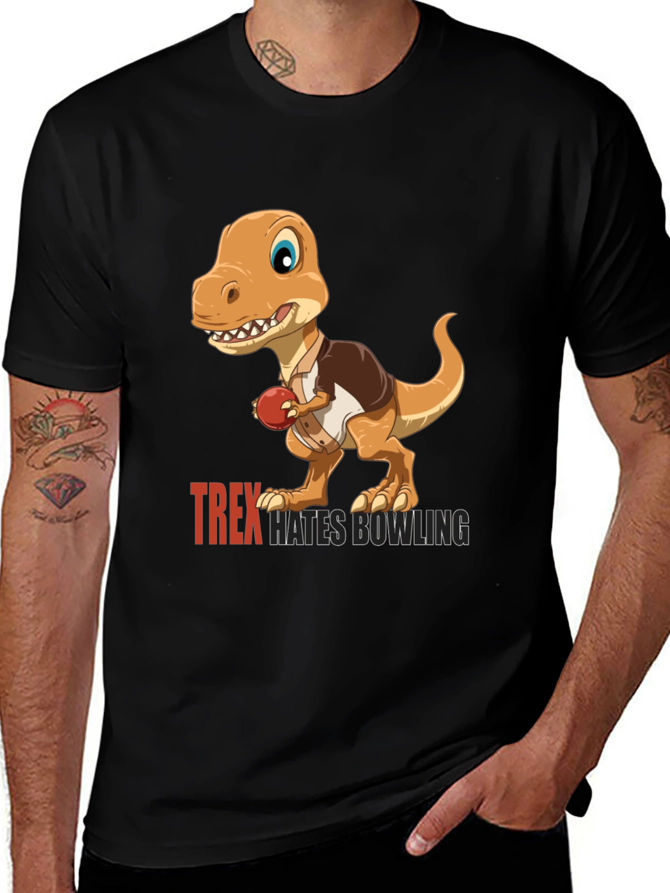 Variant 25 of T-Rex Hates Bowling Graphic Tee - Black Casual Shirt