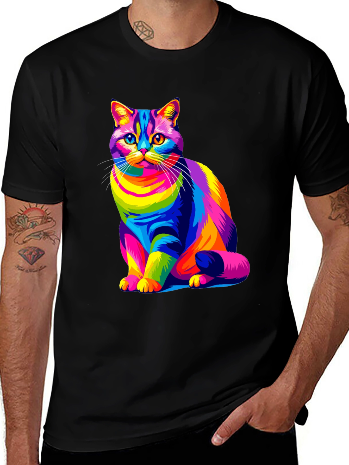 Variant 10 of Colorful Cat Graphic Black T-Shirt