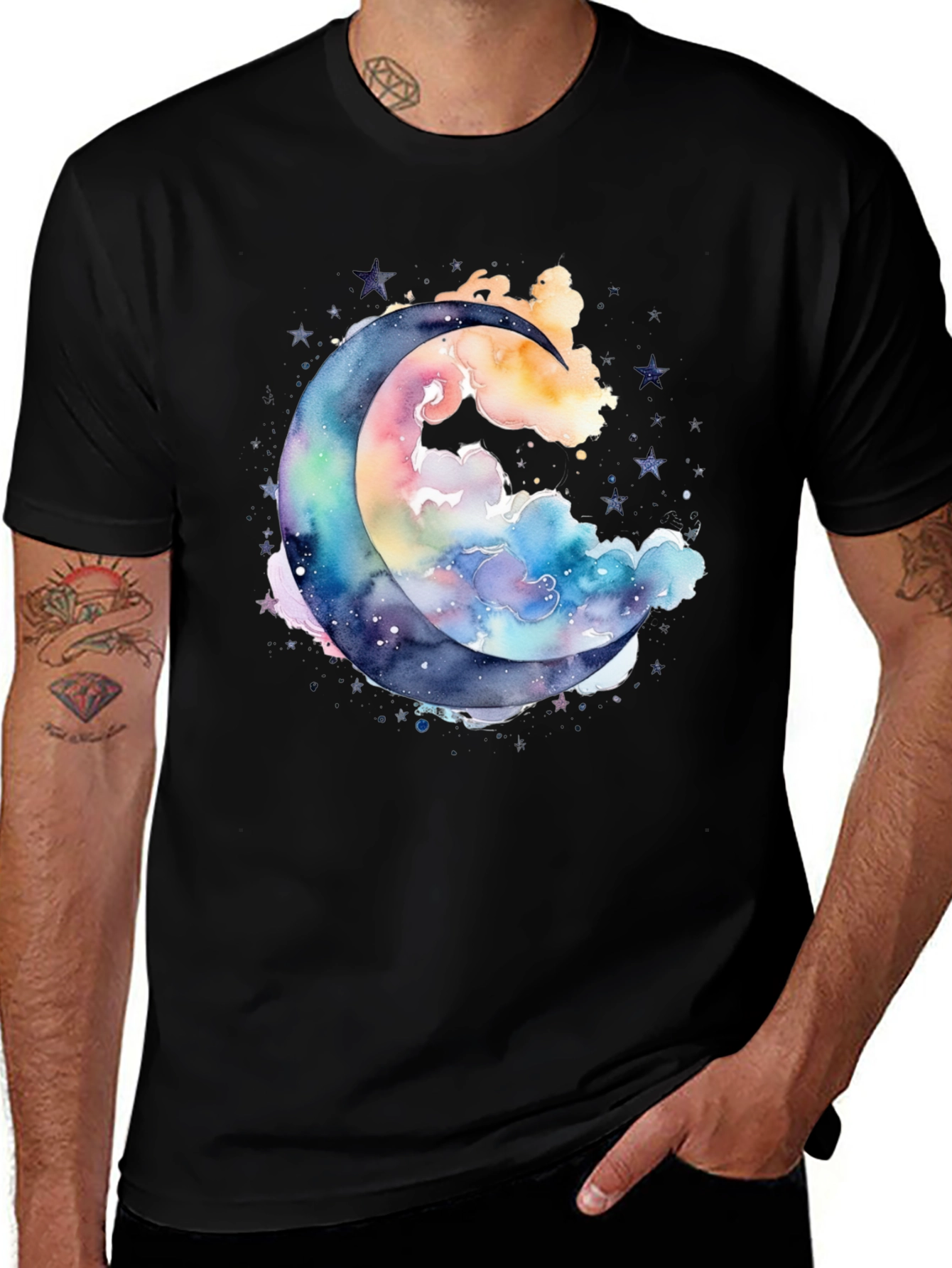 Variant 28 of Watercolor Moon & Cloud Graphic Tee - Black