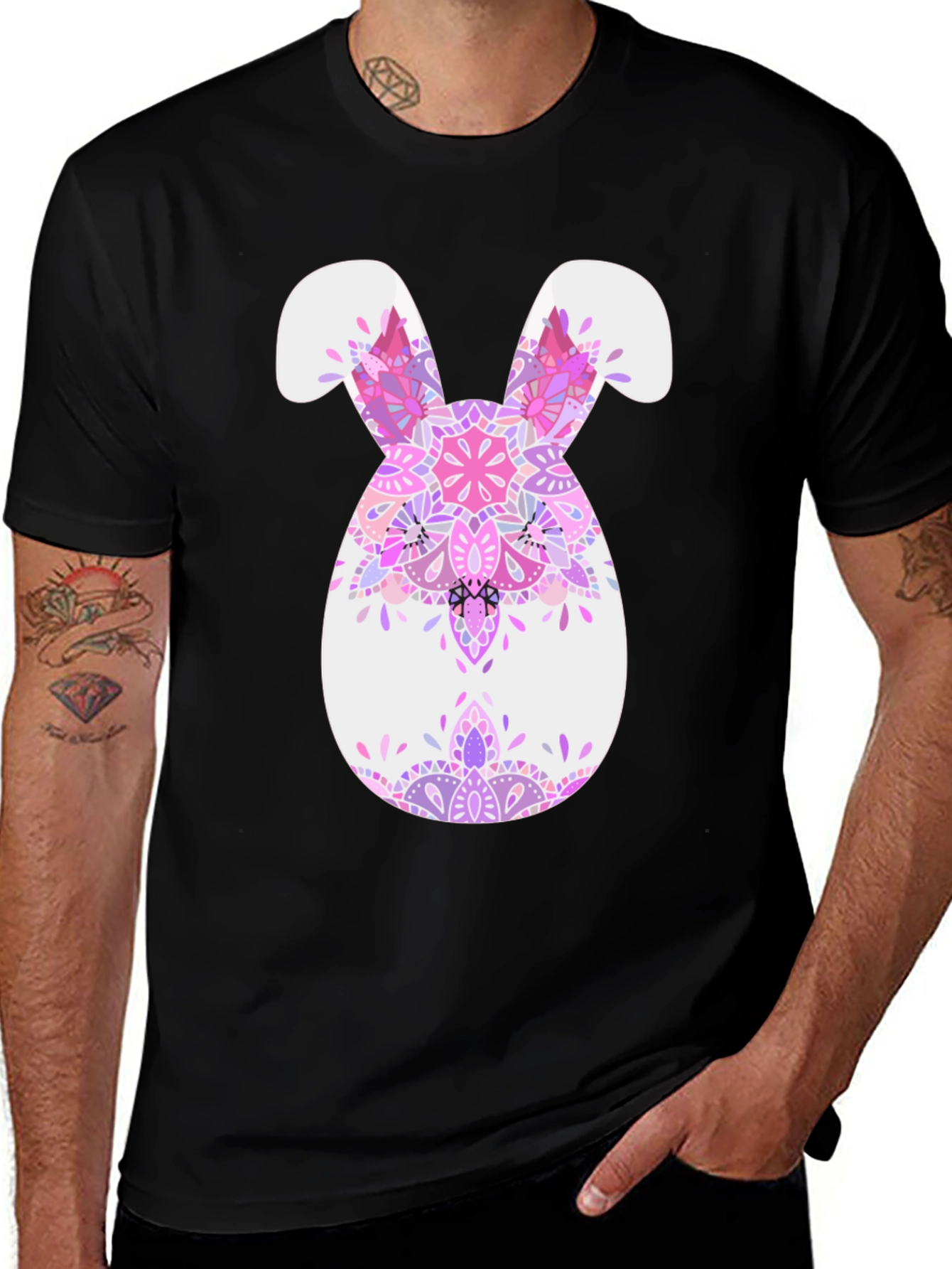 Easter Bunny Mandala T-Shirt - Black Cotton Tee