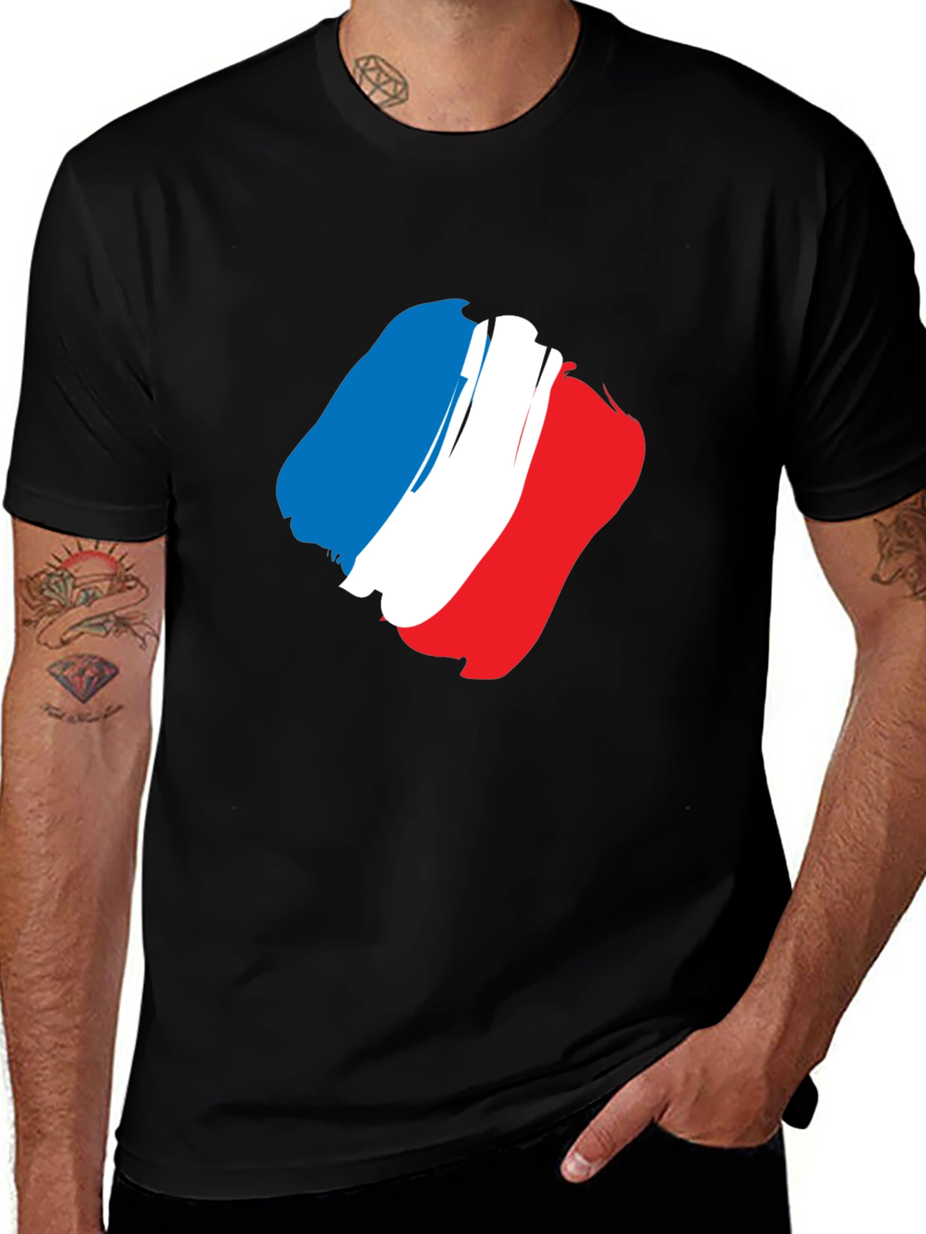 French Flag Brushstroke Graphic T-Shirt - Black Cotton
