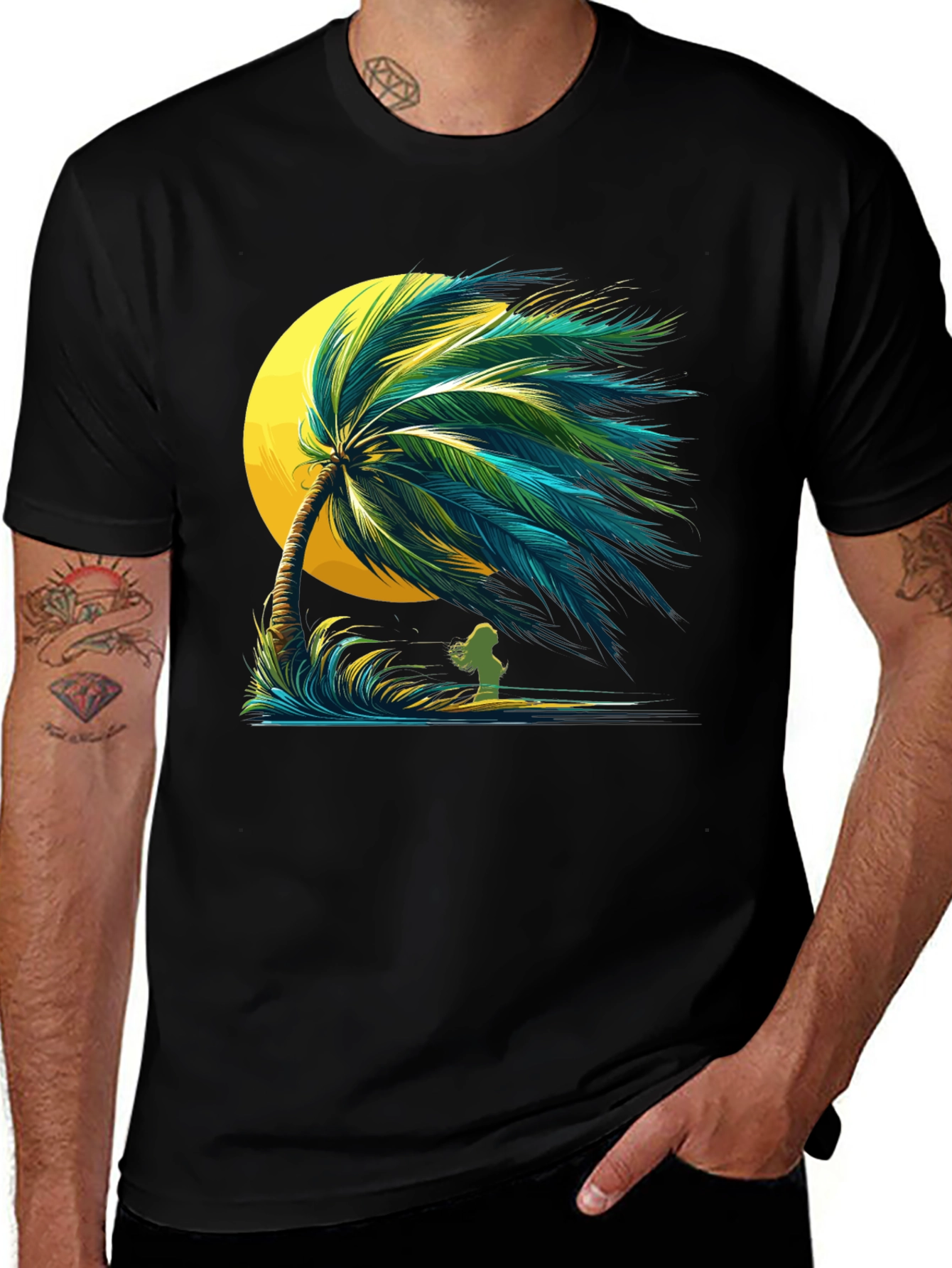 Variant 7 of Tropical Palm Tree Graphic Black T-Shirt