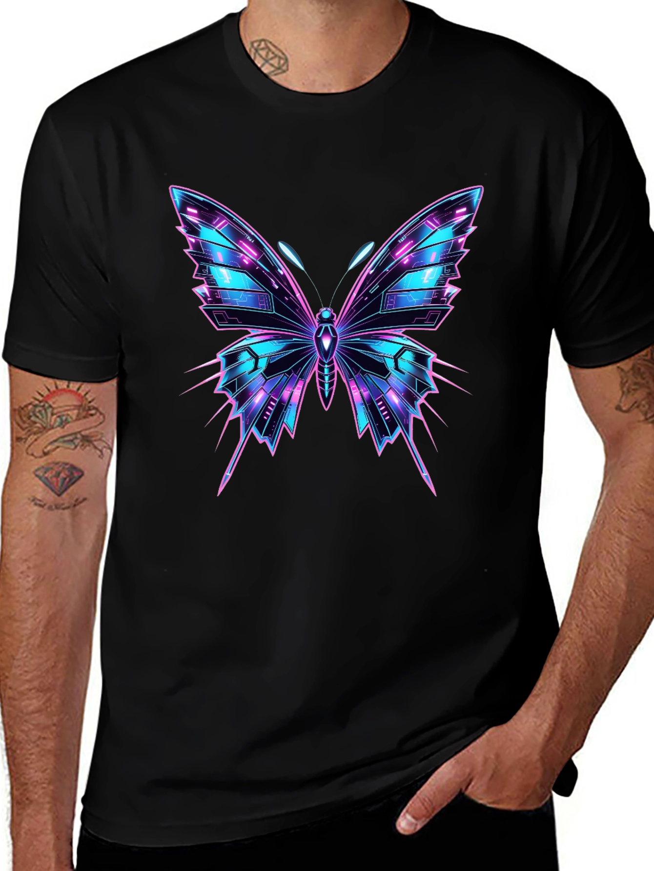Variant 7 of Cyberpunk Butterfly Graphic Black T-Shirt