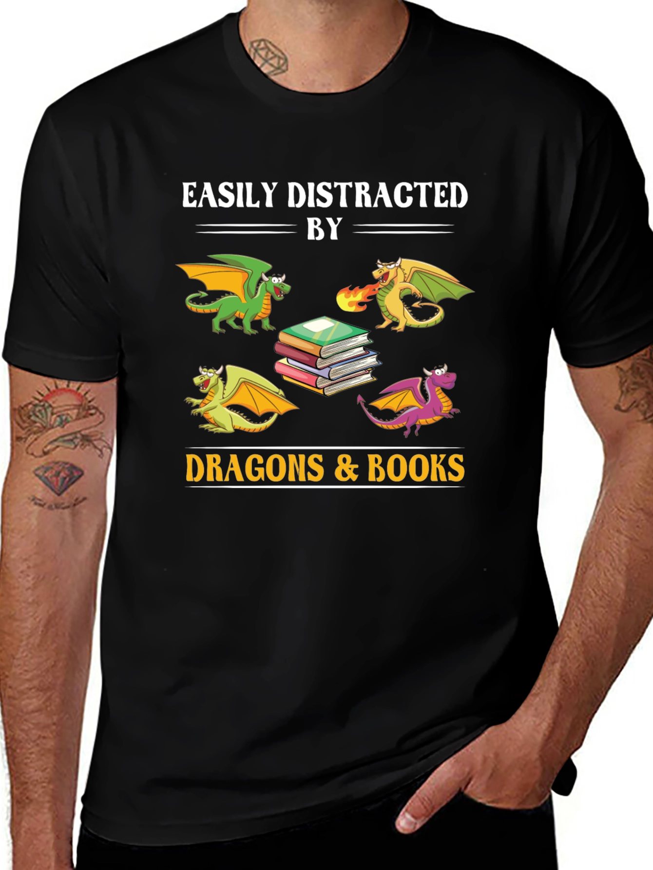 Black Easily Distracted by Dragons and Books T-Shirt main image