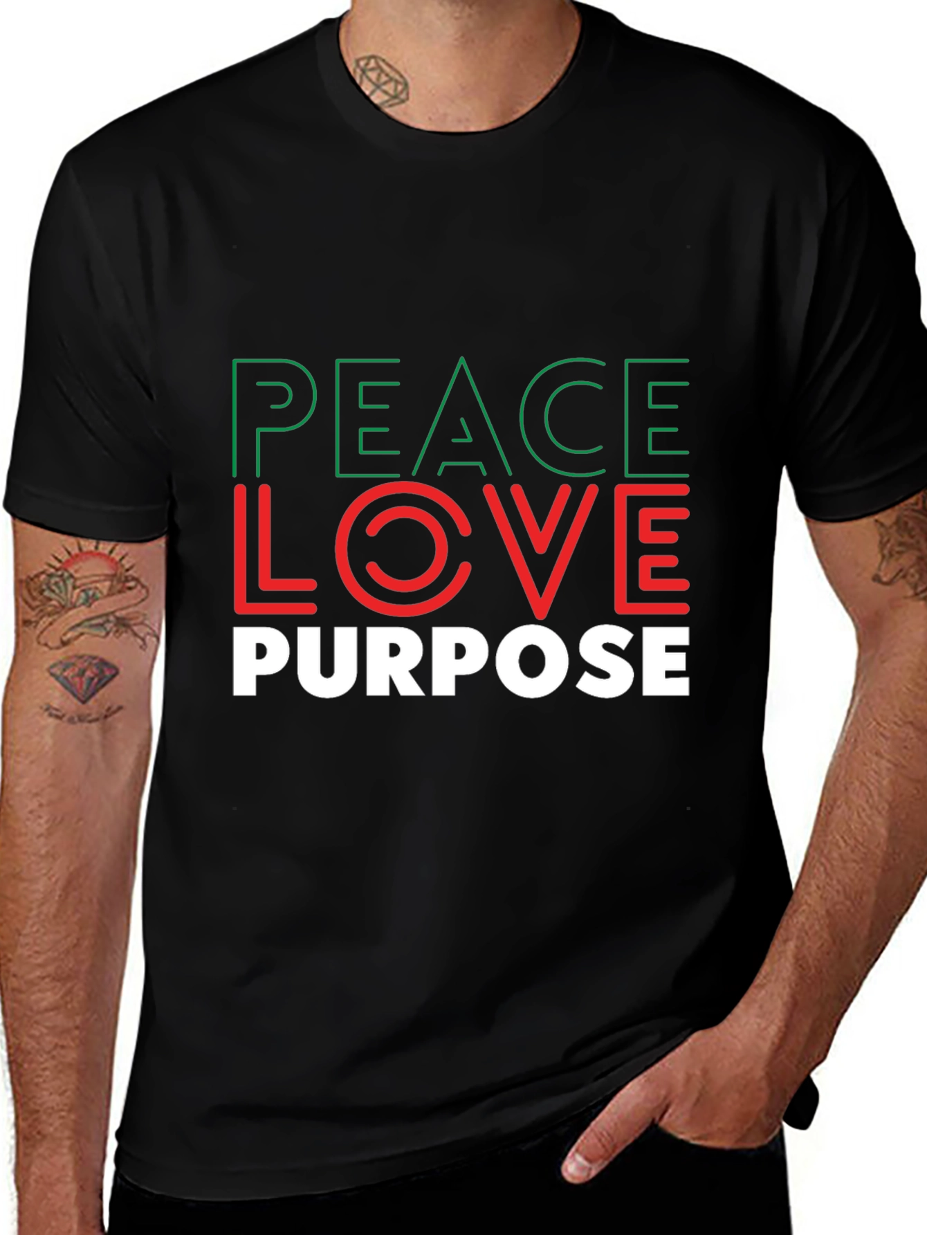 Variant 15 of Peace Love Purpose Graphic Tee - Stylish Men's Black T-Shirt