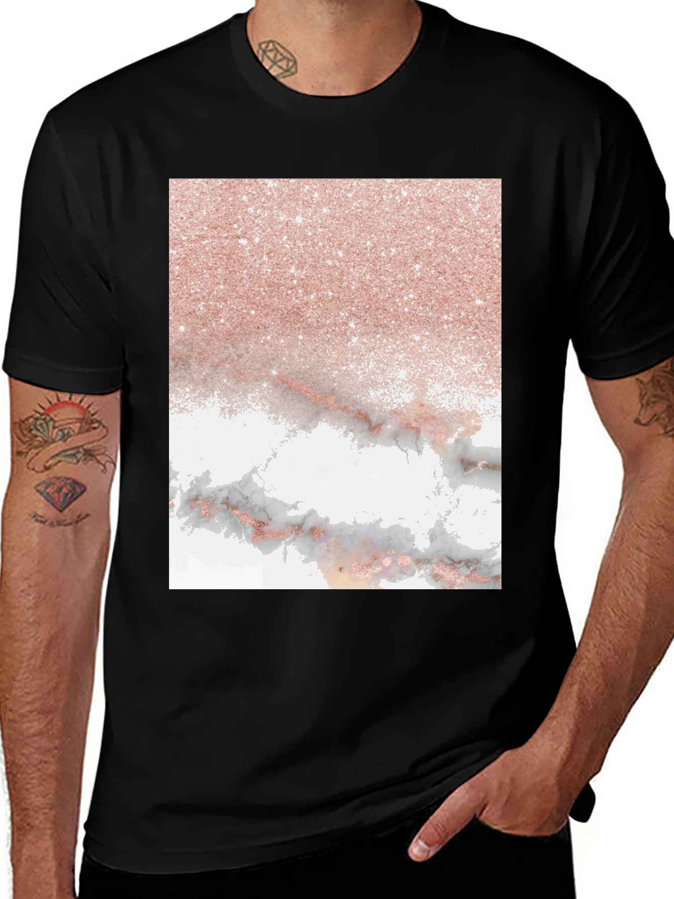 Variant 21 of Rose Gold Glitter & Marble Print Black T-Shirt