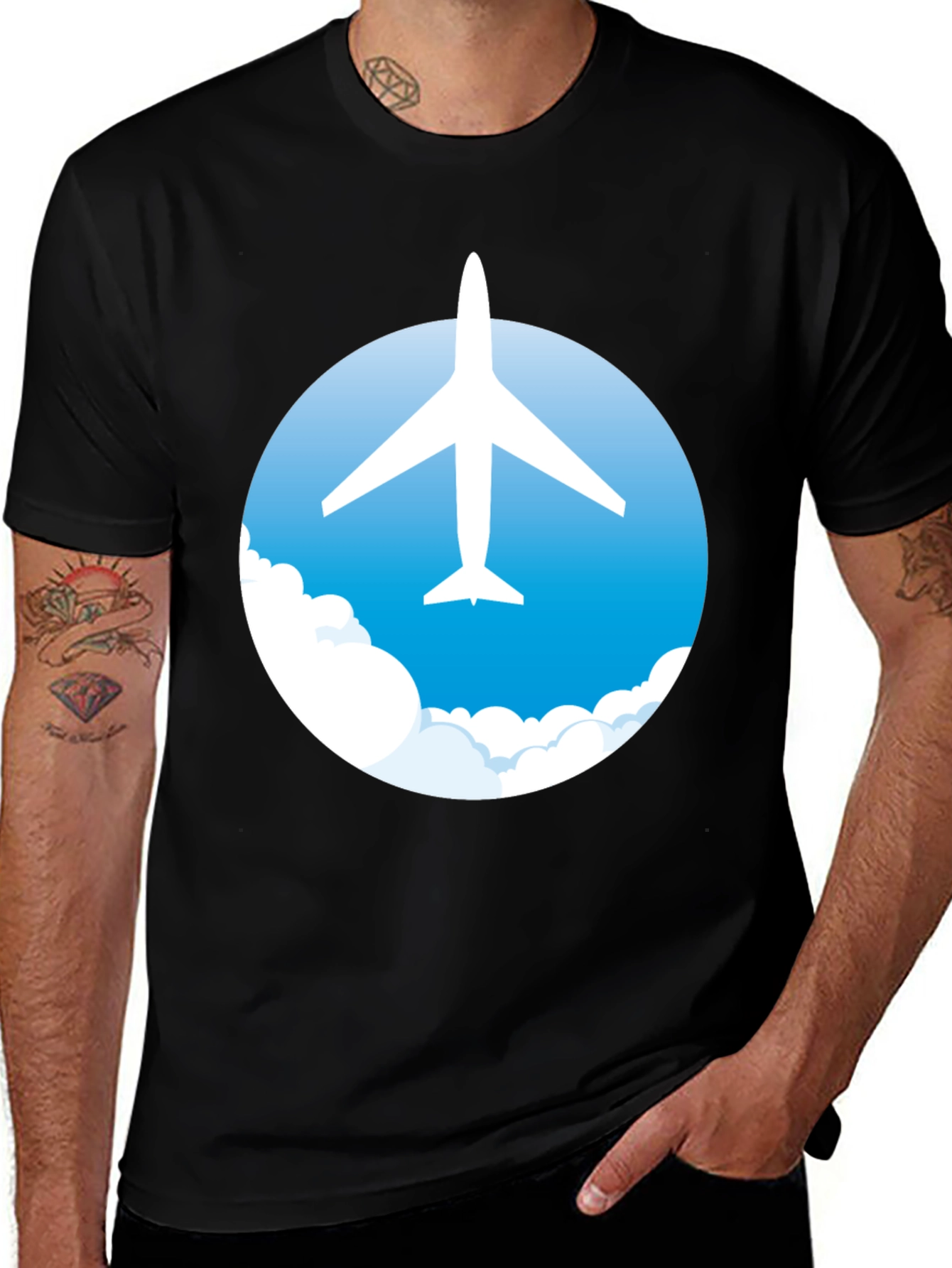 Airplane in Clouds Graphic Black T-Shirt
