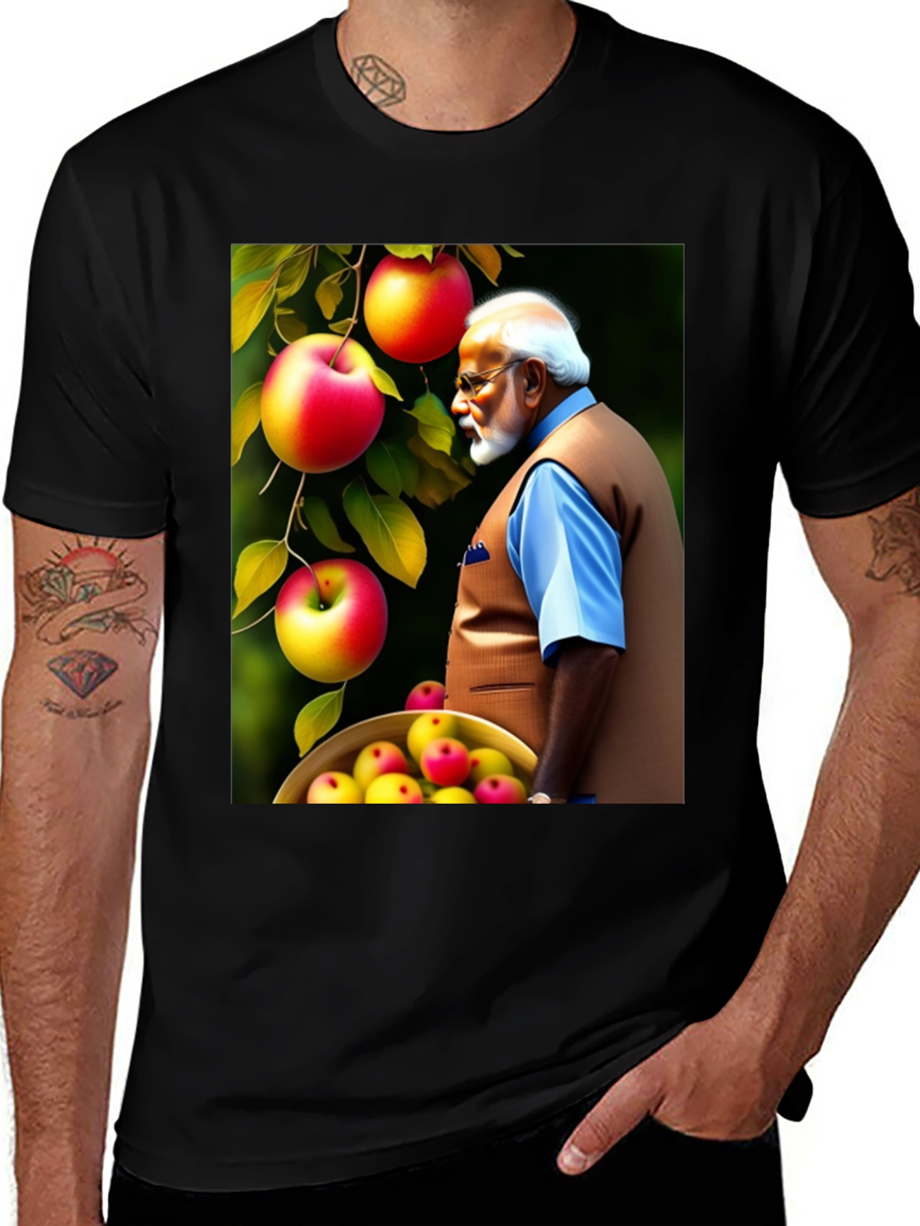 Variant 6 of Man's Black T-Shirt with Apple & Modi Design