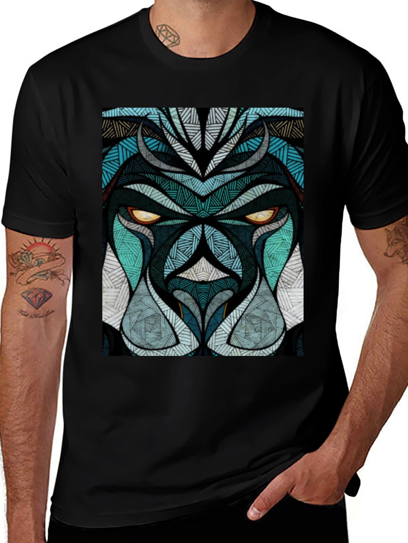 Variant 14 of Abstract Lion Face Graphic Black T-Shirt