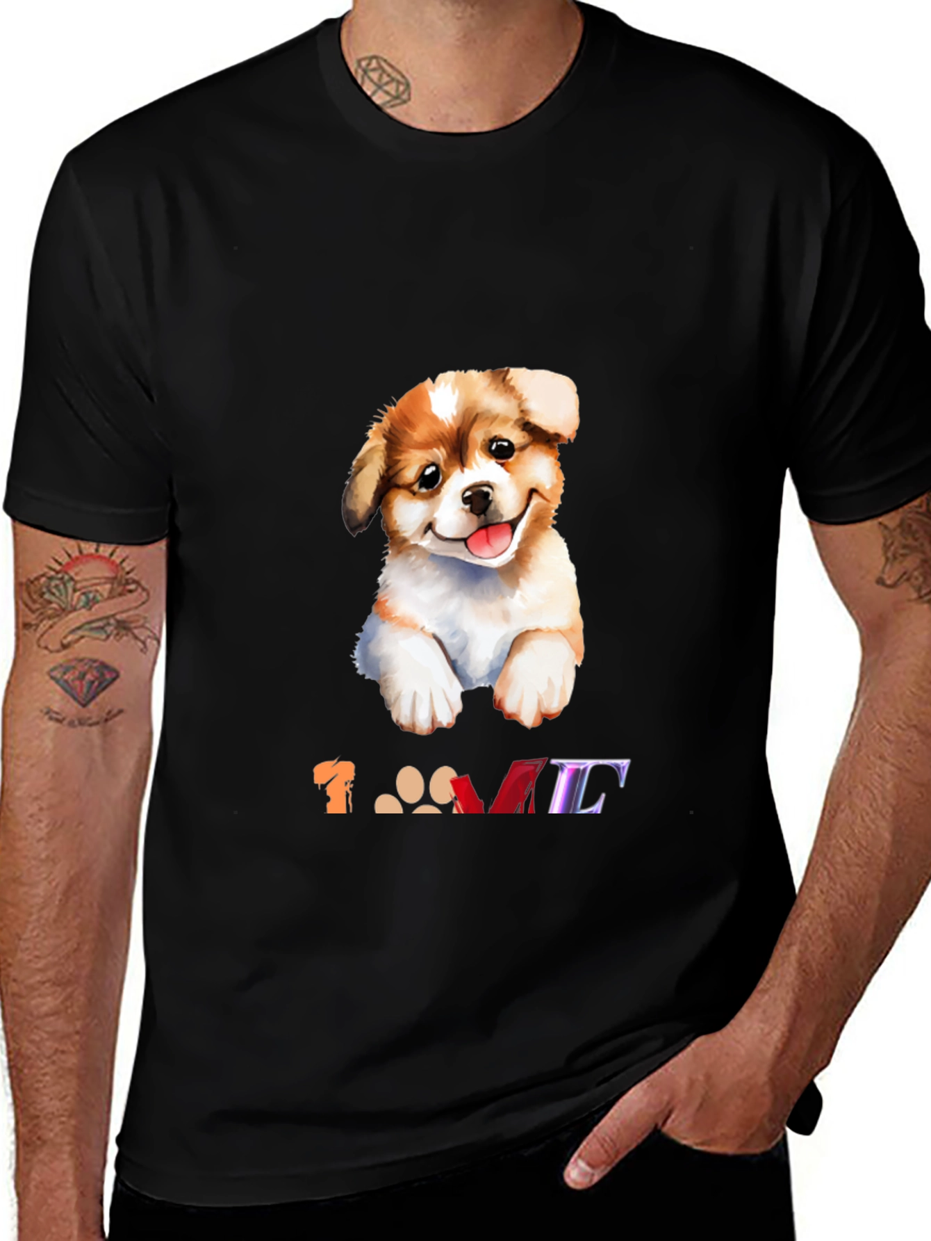 Black Cute Puppy Dog "Love" Graphic Black T-Shirt main image
