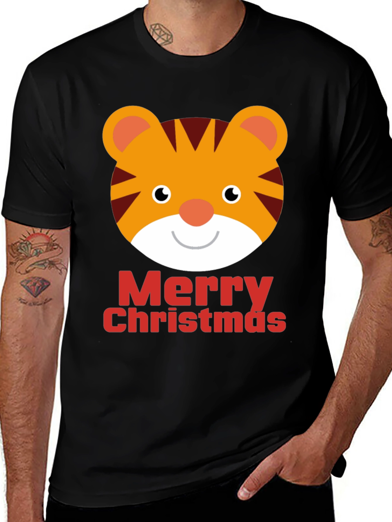 Merry Christmas Tiger Graphic Tee - Black T-Shirt
