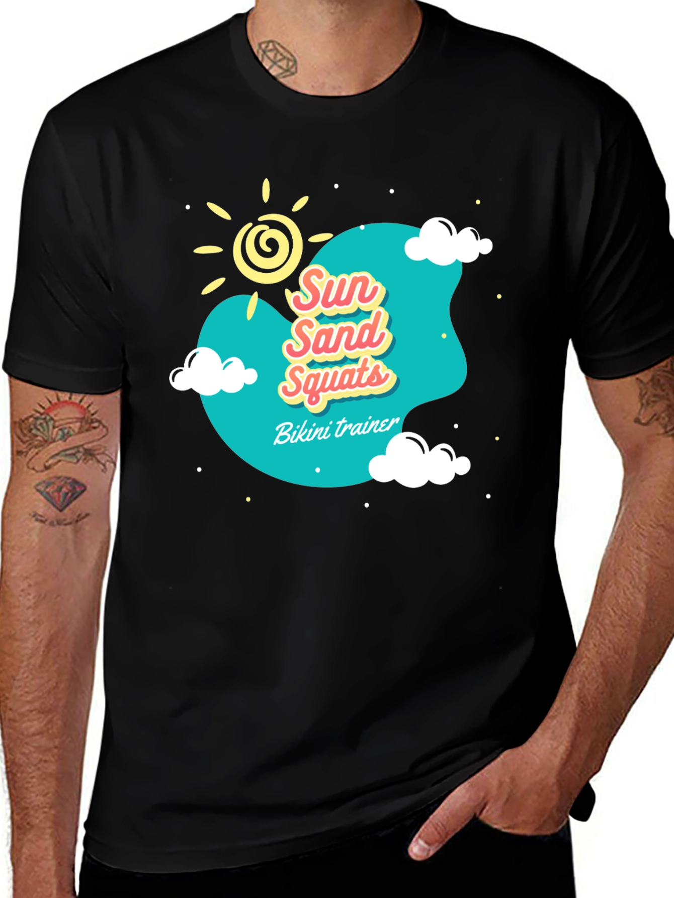 Variant 10 of Sun Sand Squats Black T-Shirt - Bikini Trainer Gym Tee