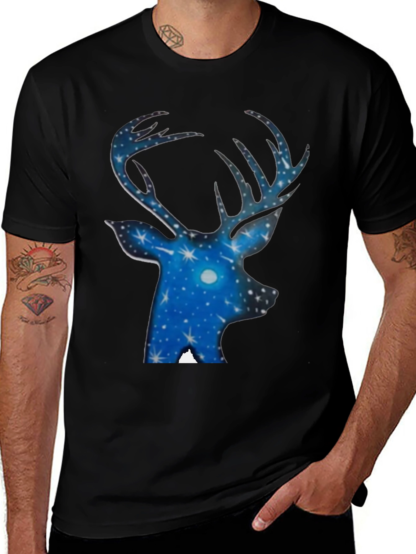 Variant 22 of Starry Night Deer T-Shirt - Black Cotton Tee