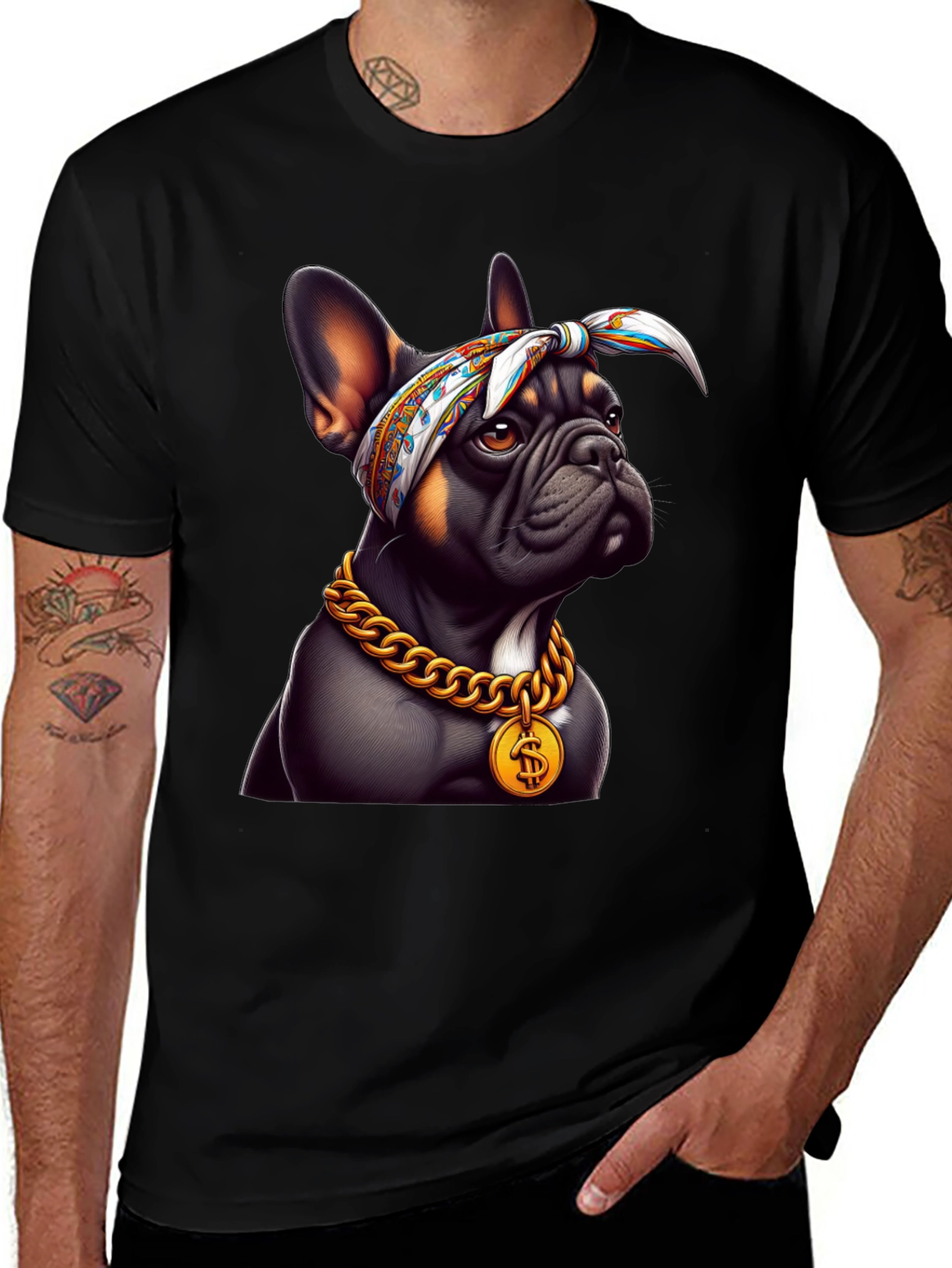 Variant 4 of Cool Bulldog Wearing Bandana & Gold Chain T-Shirt