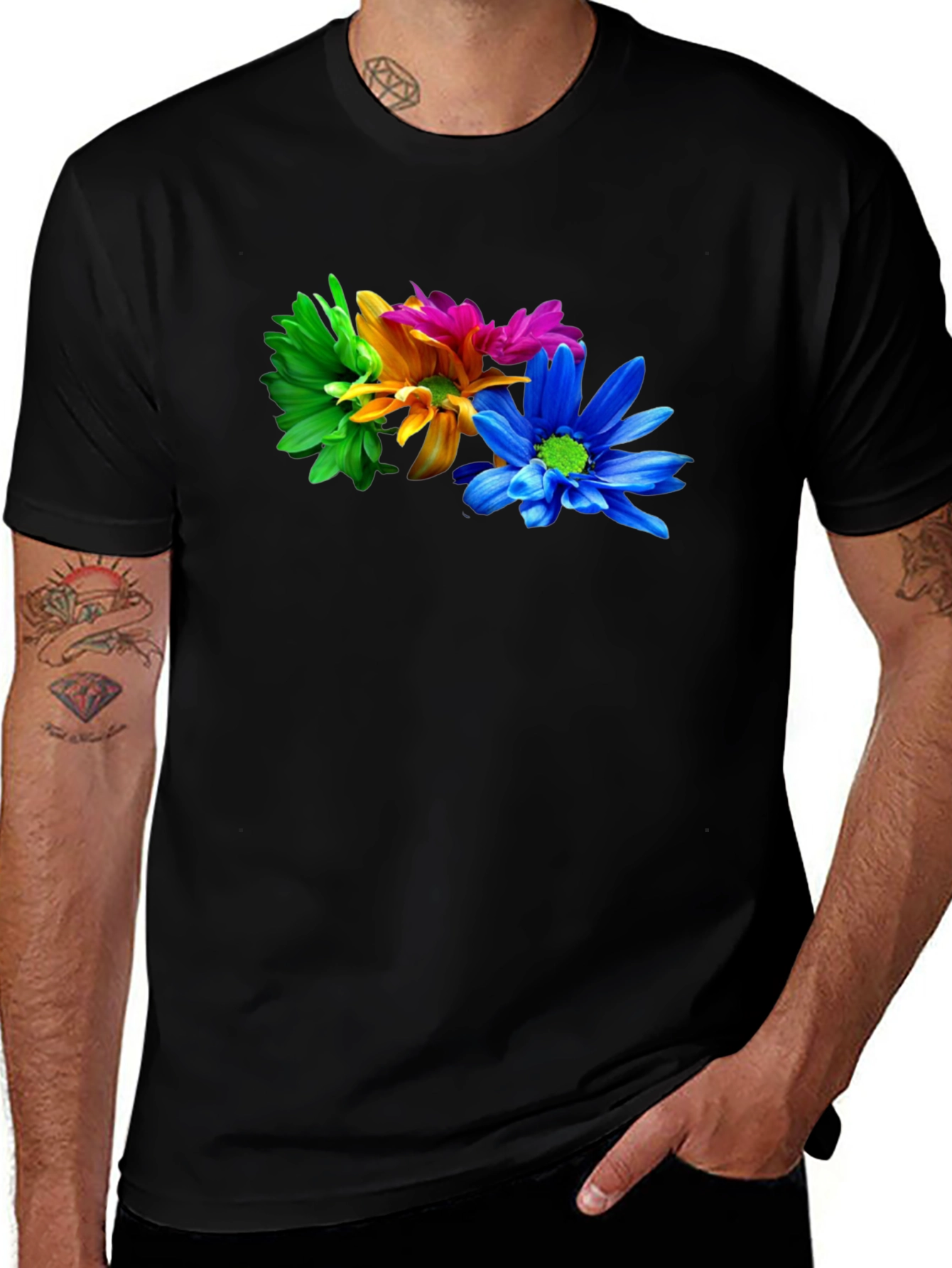 Variant 7 of Floral Print Black T-Shirt: Vivid Flower Power