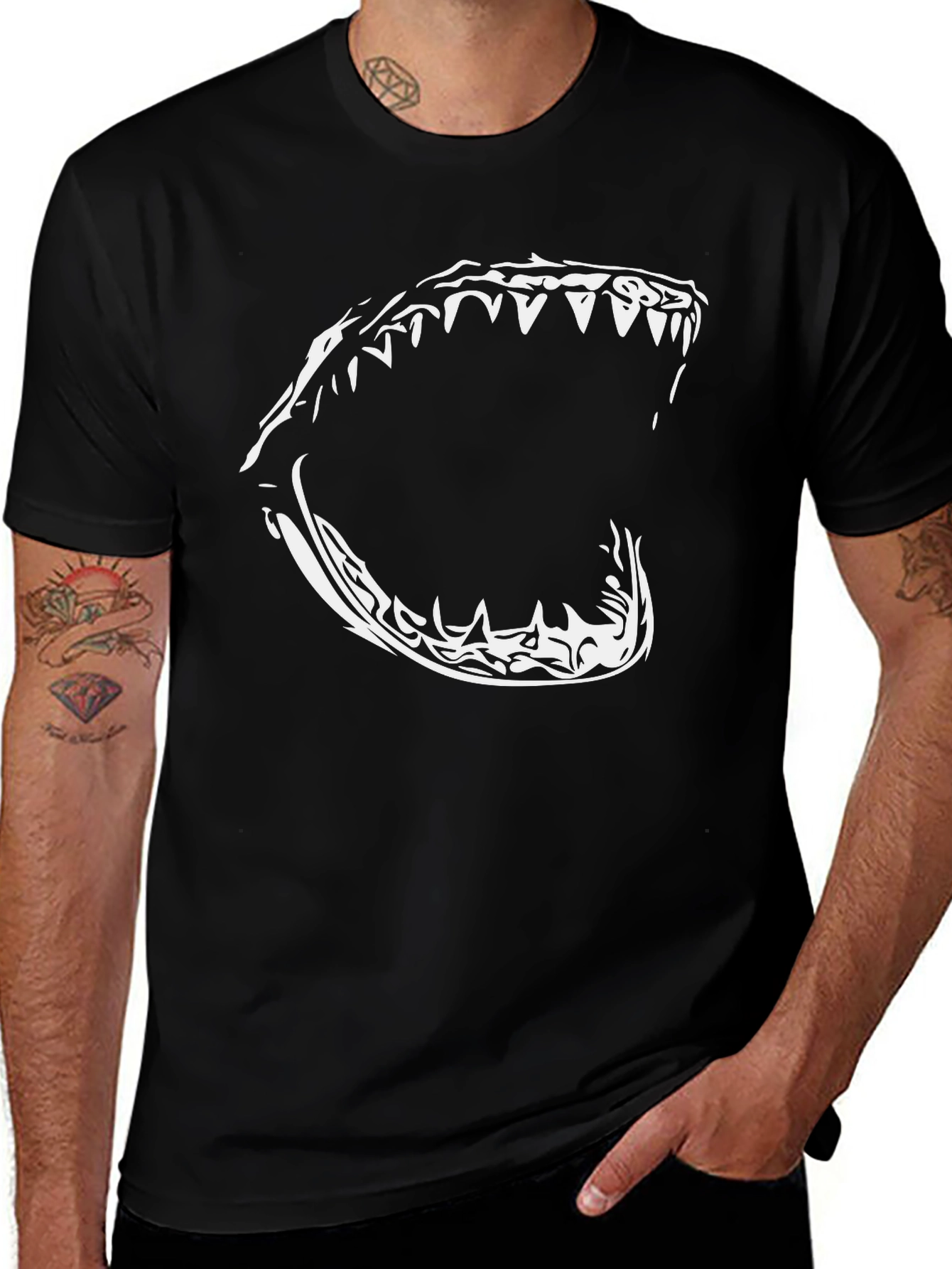 Variant 19 of Men's Black T-Shirt with Bold Shark Jaw Graphic