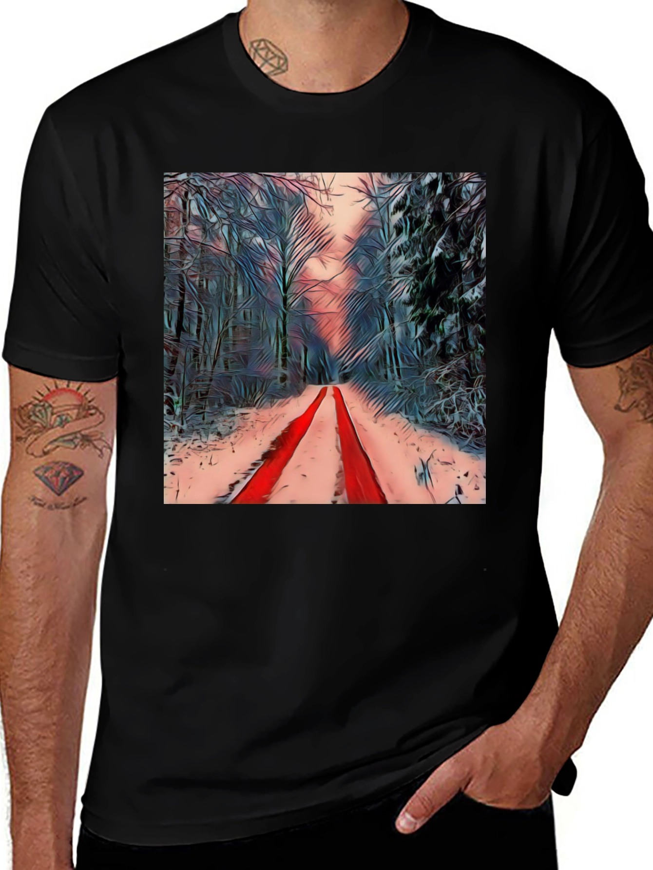 Black Winter Forest Red Path Black T-Shirt main image