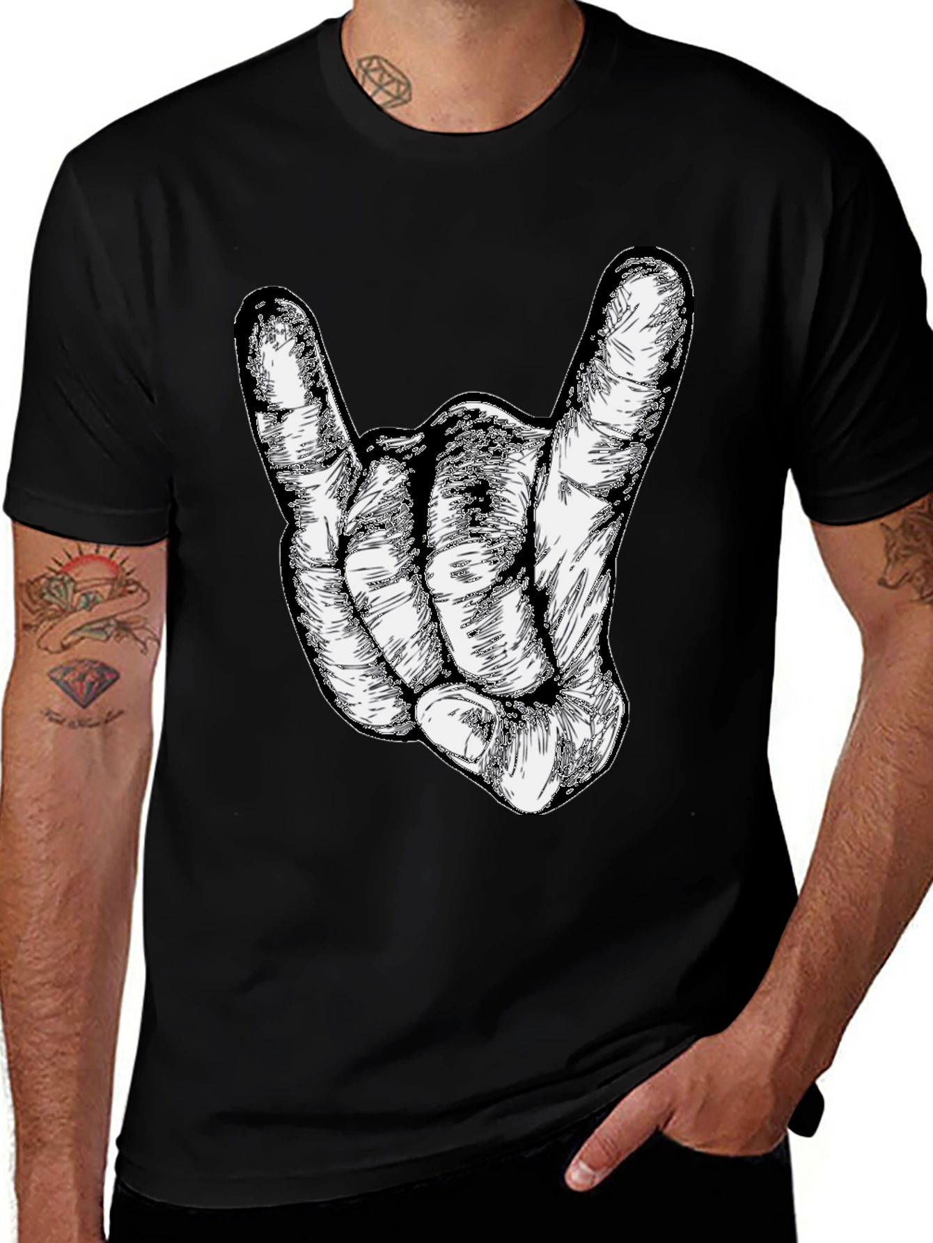 Rock On Hand Gesture Graphic Tee - Black Cotton Casual Wear