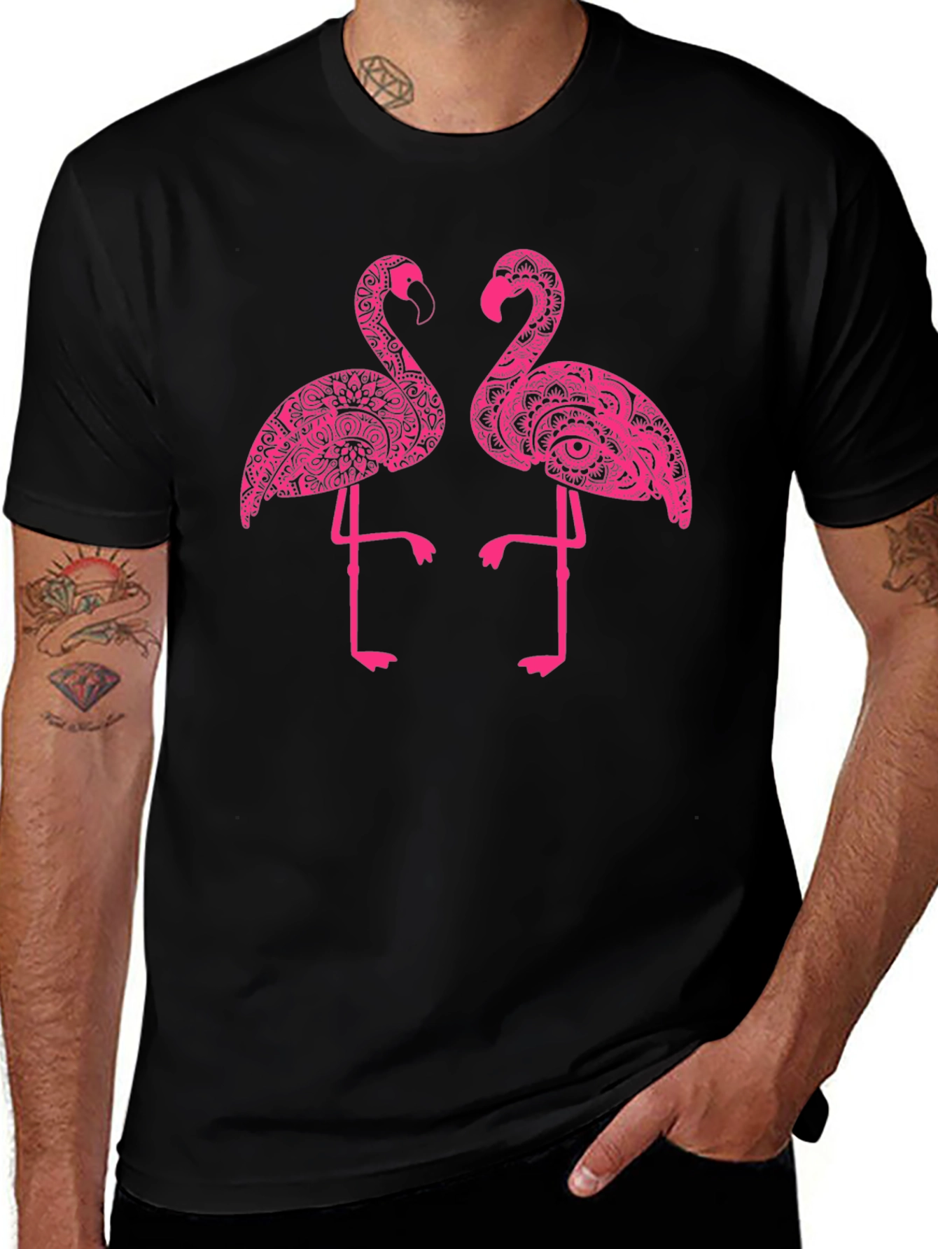 Black T-Shirt with Pink Flamingo Print