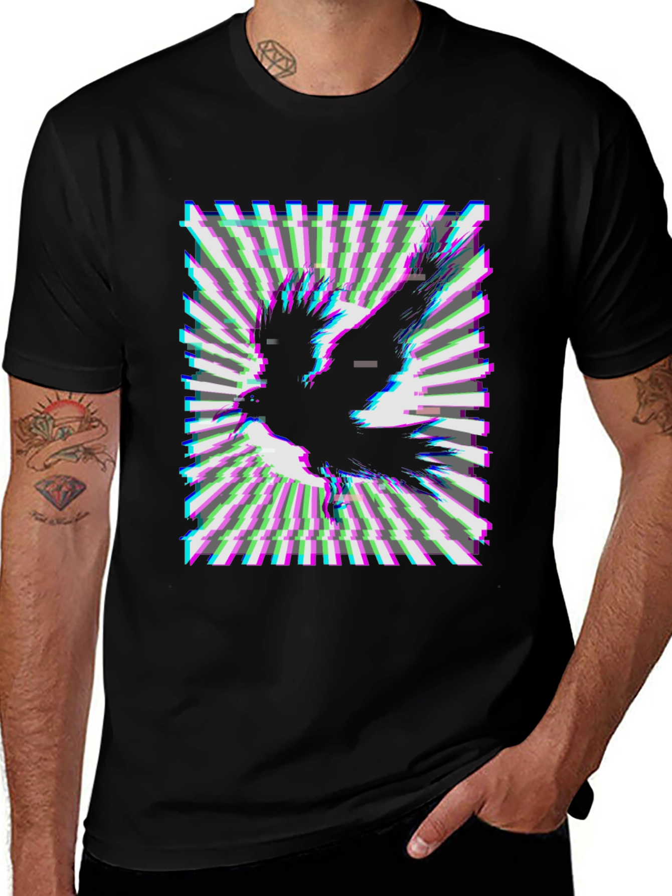 Variant 4 of Raven Glitch Art Graphic T-Shirt - Unisex Black Tee