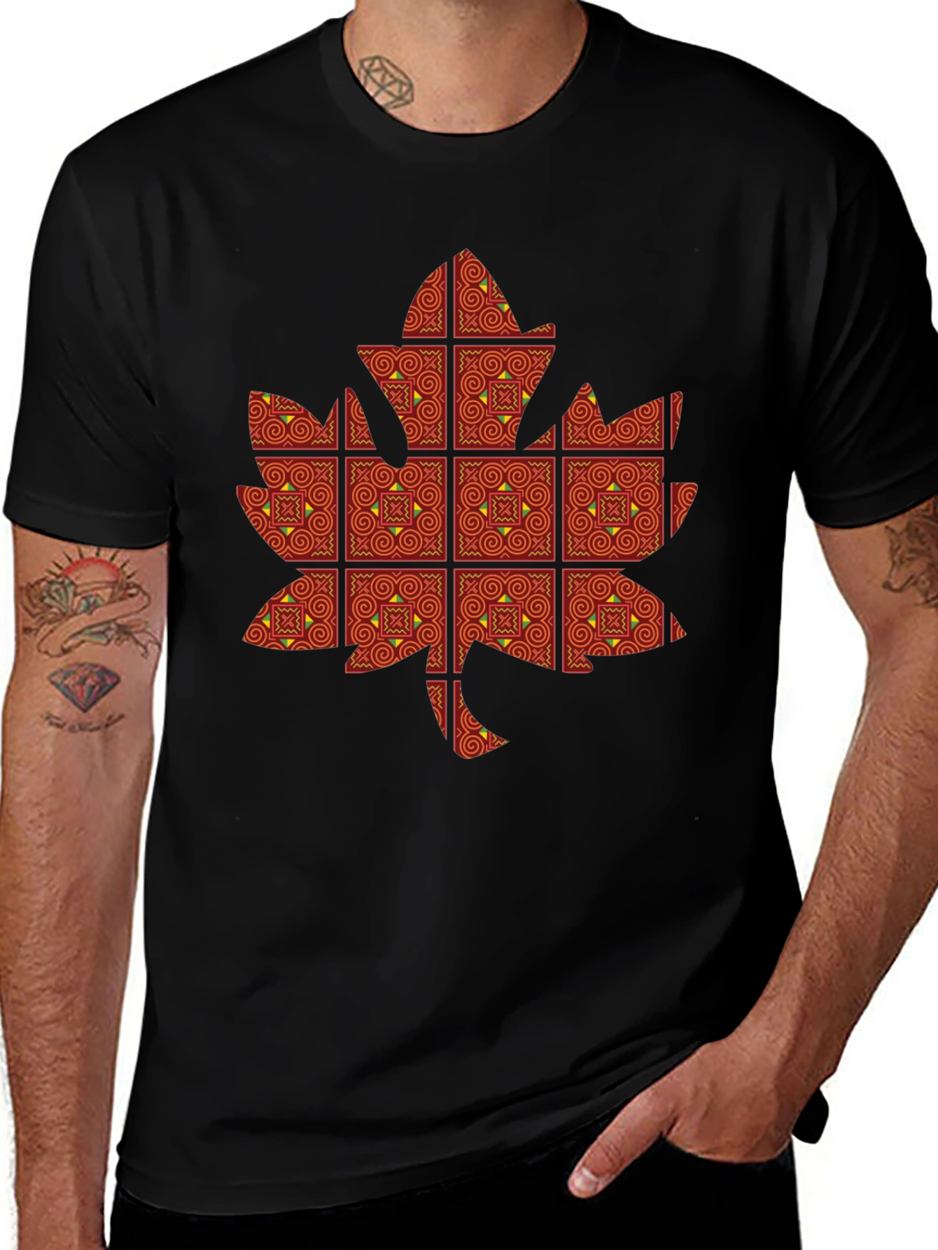 Black Maple Leaf Patterned T-Shirt main image