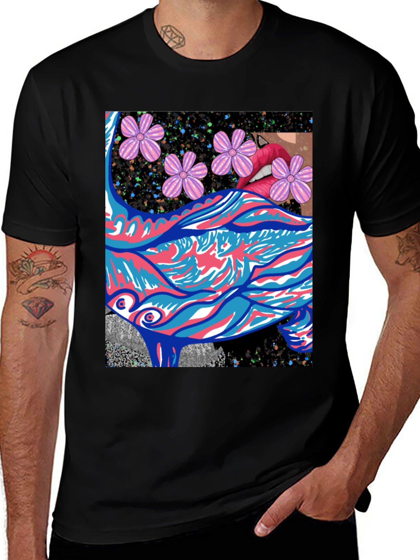 Variant 24 of Floral Lips Graphic Tee - Artistic Black T-Shirt