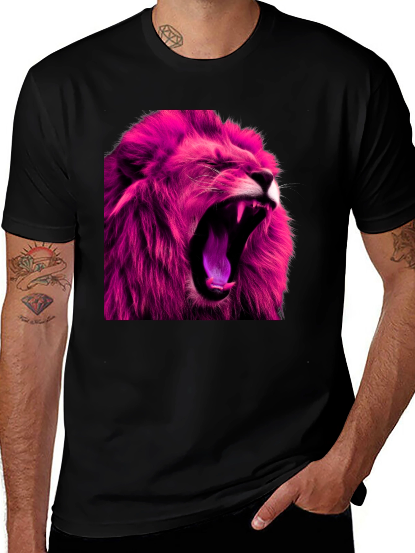 Variant 29 of Roaring Pink Lion Graphic Print Black T-Shirt