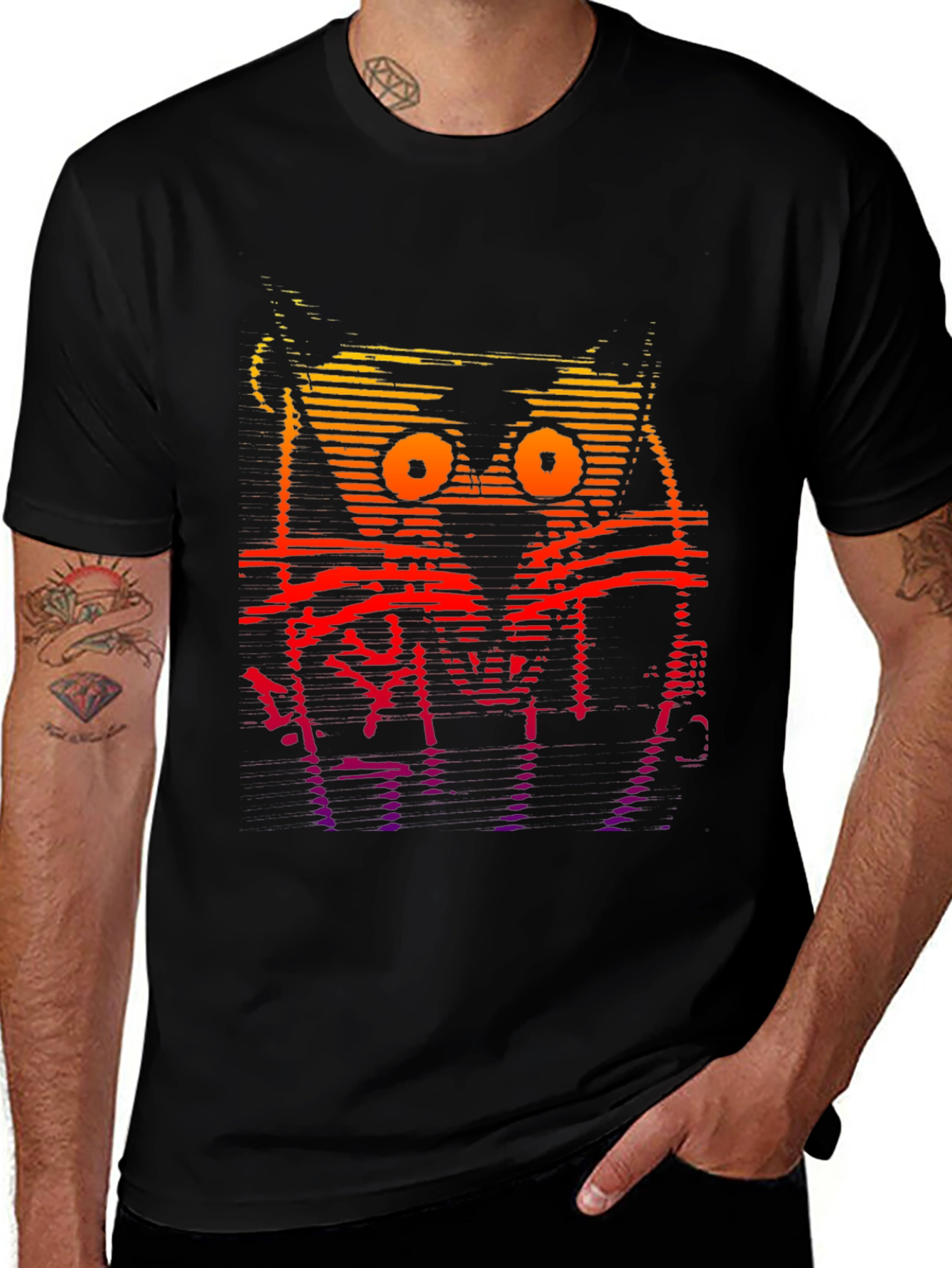 Black Retro Glitch Cat Graphic T-Shirt main image