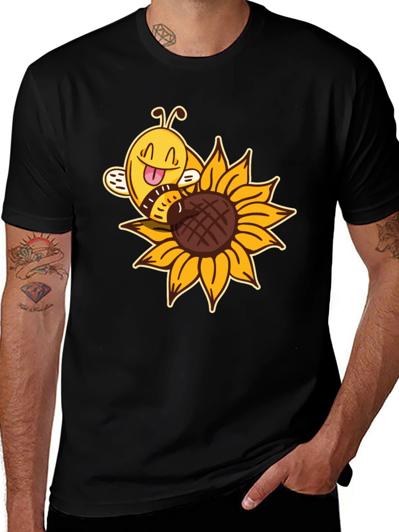 Black Cute Bee on Sunflower Black T-Shirt main image