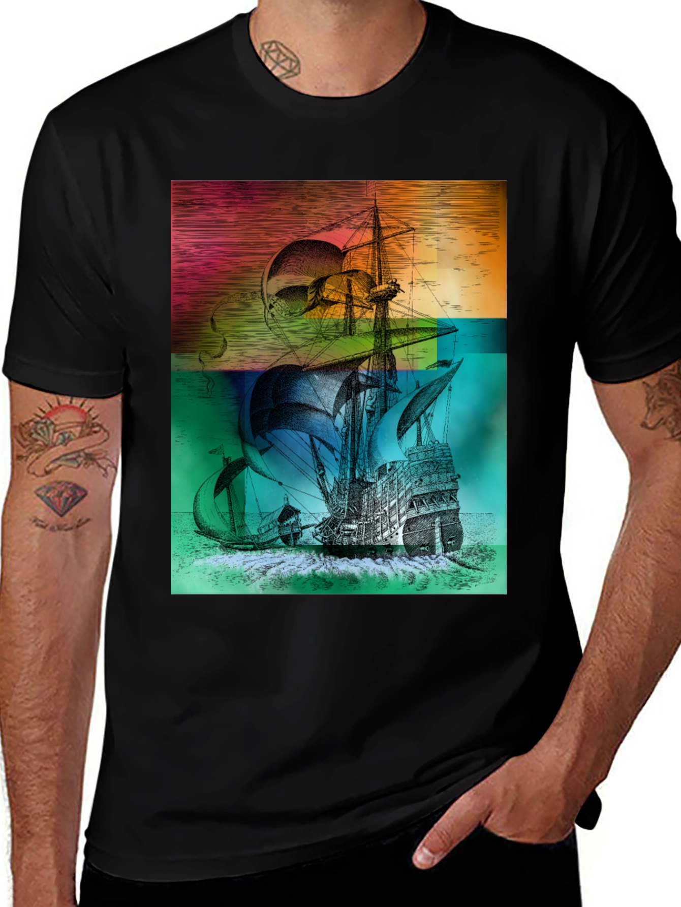 Variant 11 of Vintage Sailing Ship Graphic Tee - Black