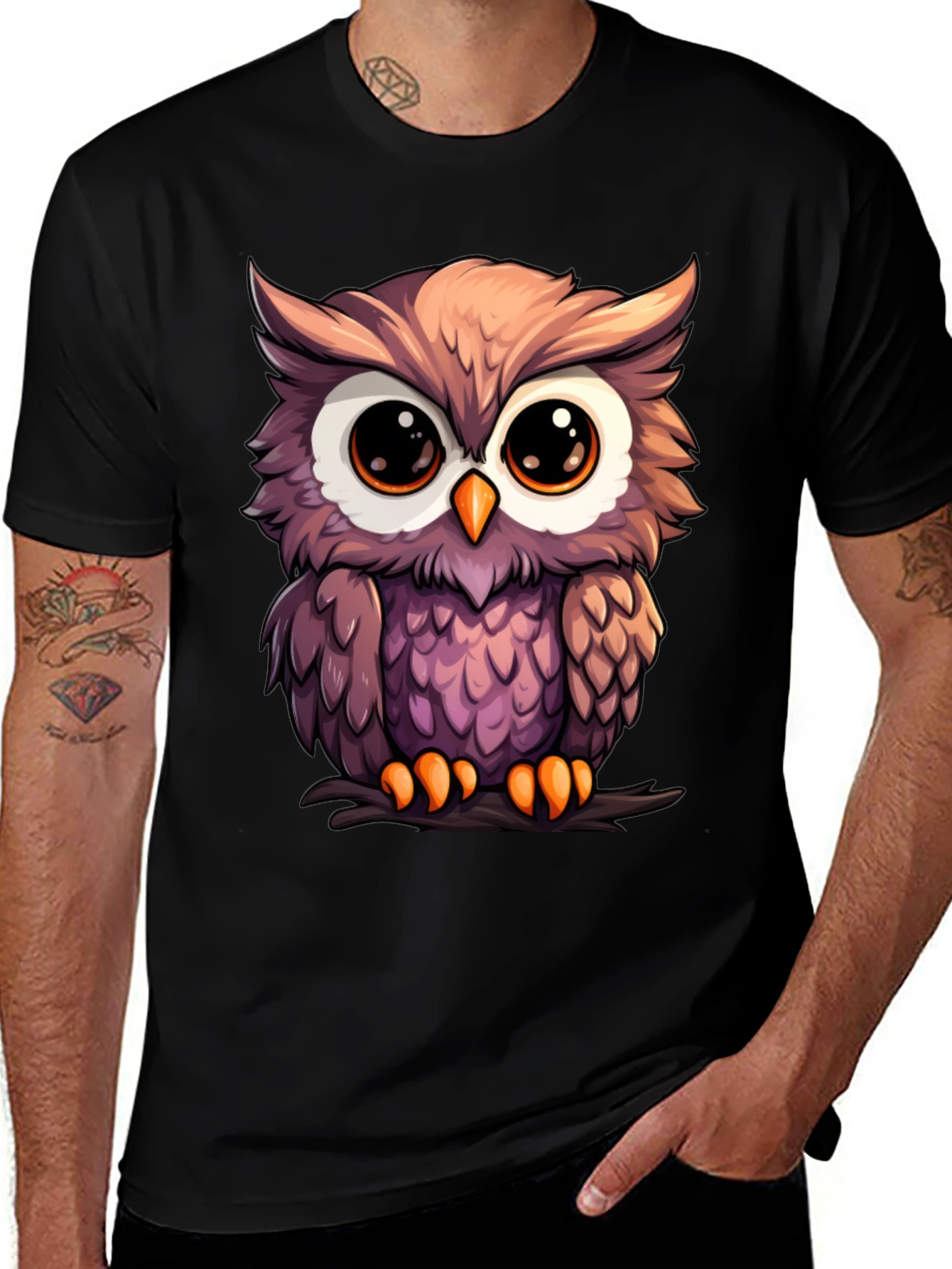 Variant 8 of Cute Owl Graphic Tee - Men's Black T-Shirt