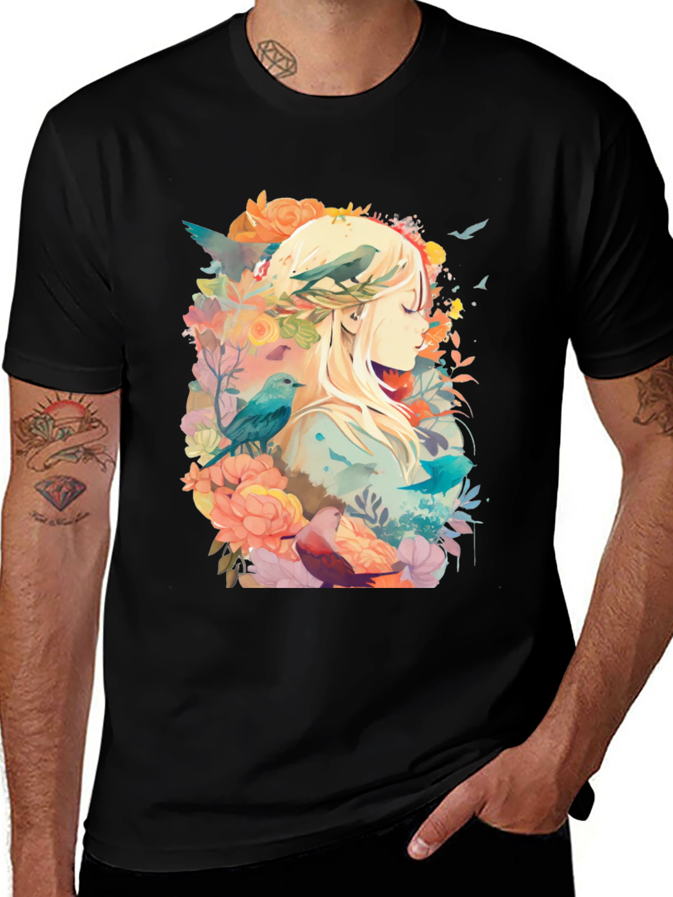 Variant 2 of Nature's Embrace Tee - Floral Bird Design