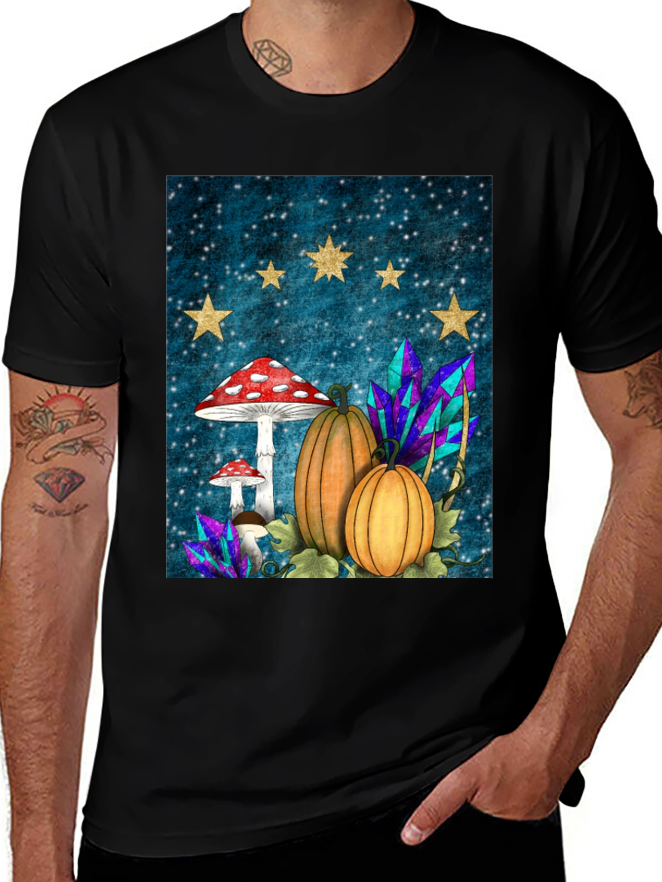 Whimsical Fall T-Shirt - Mushrooms, Pumpkins & Stars