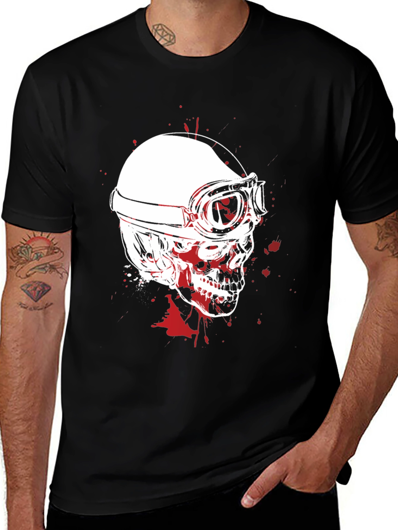 Variant 22 of Skull Helmet Graphic Tee - Black Cotton T-Shirt