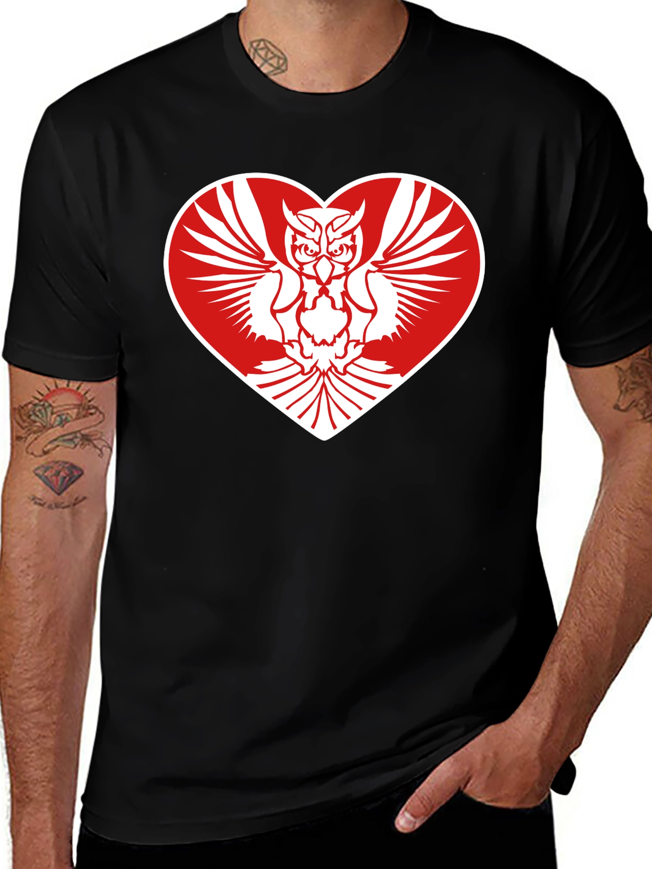 Variant 30 of Owl Heart Graphic Tee - Men's Black Cotton T-Shirt