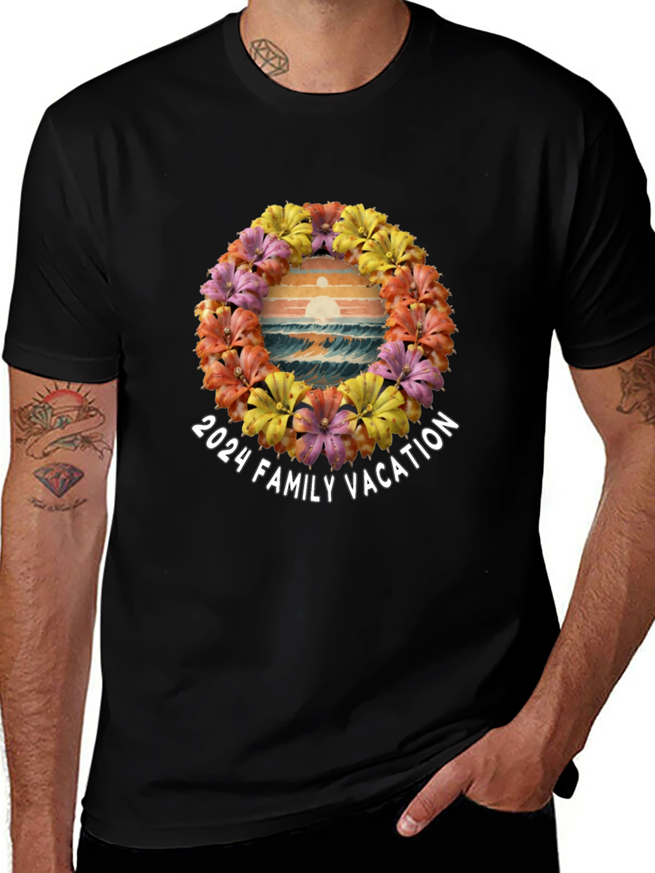 Black 2024 Family Vacation Floral Beach T-Shirt main image