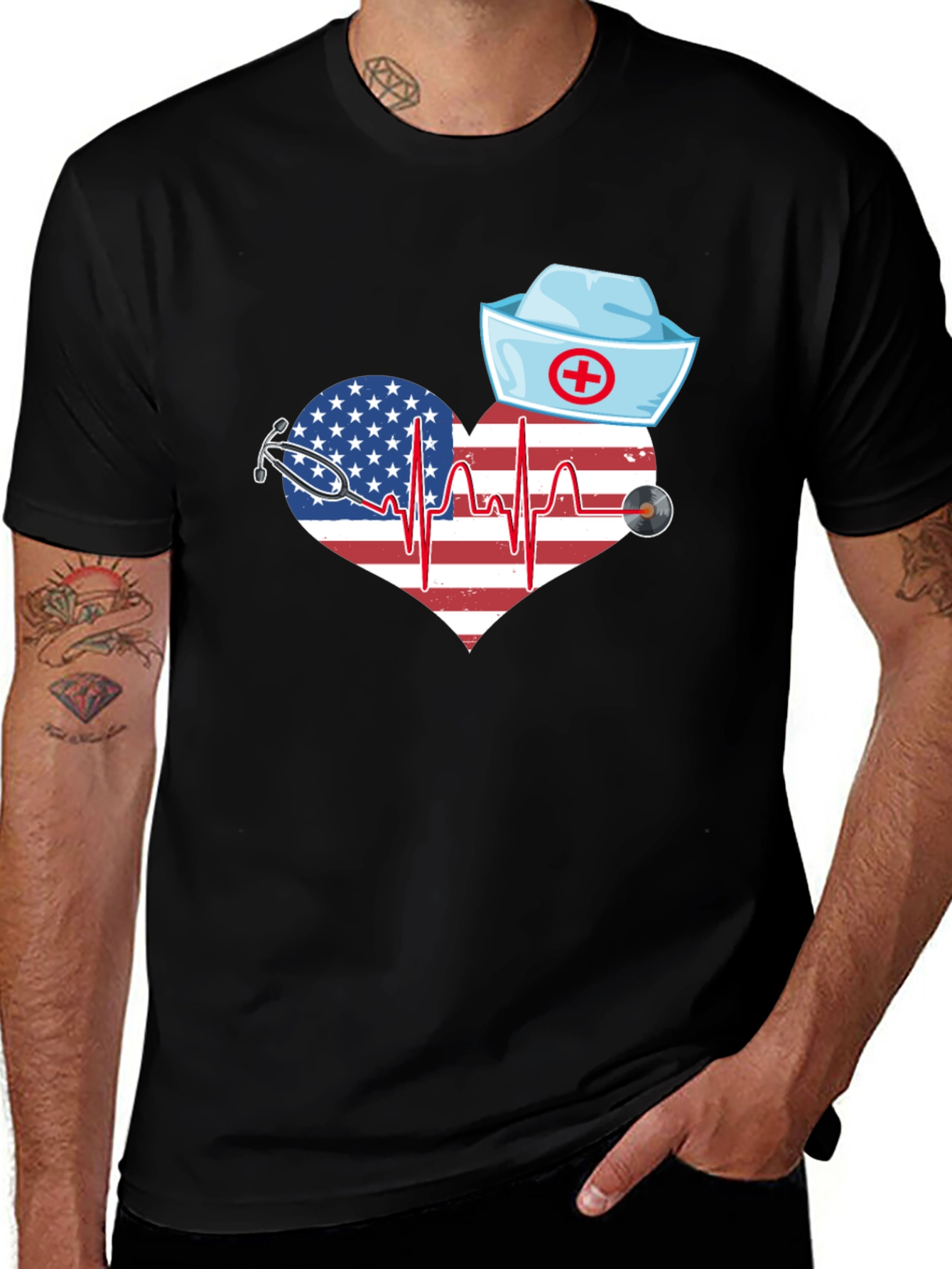 Nurse American Flag Heartbeat T-Shirt